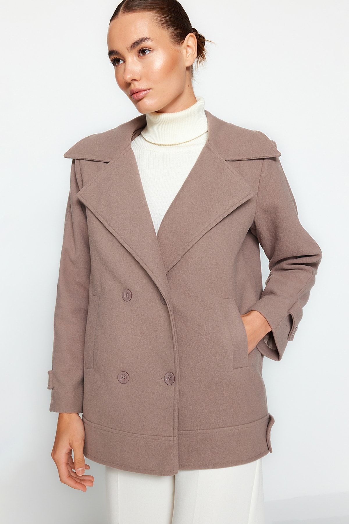 Trendyol Collection Szeroki Płaszcz Taupe Typu Oversize Kobieta - 36