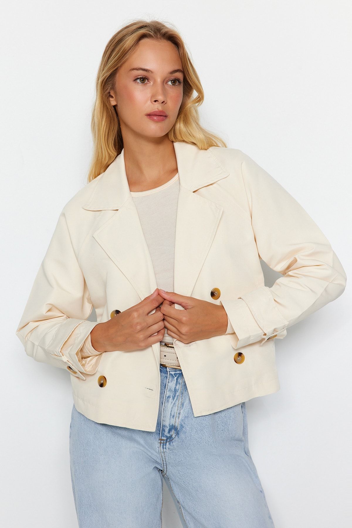 Trendyol Collection-Ecru túlméretes, széles vágású termény vízlepergető kabát TWOAW24TR00004 2
