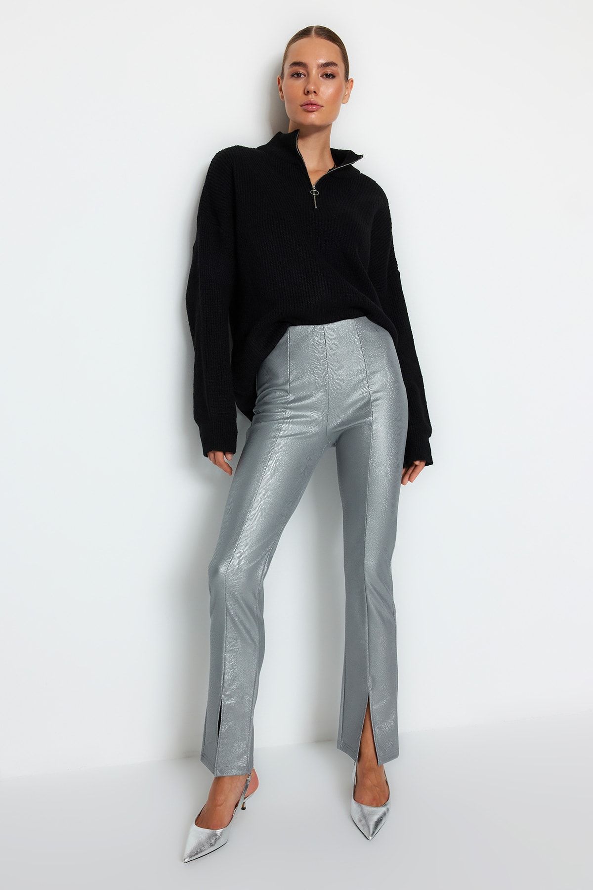 Trendyol Collection Silver Shiny Surface Faux Leather Slit High