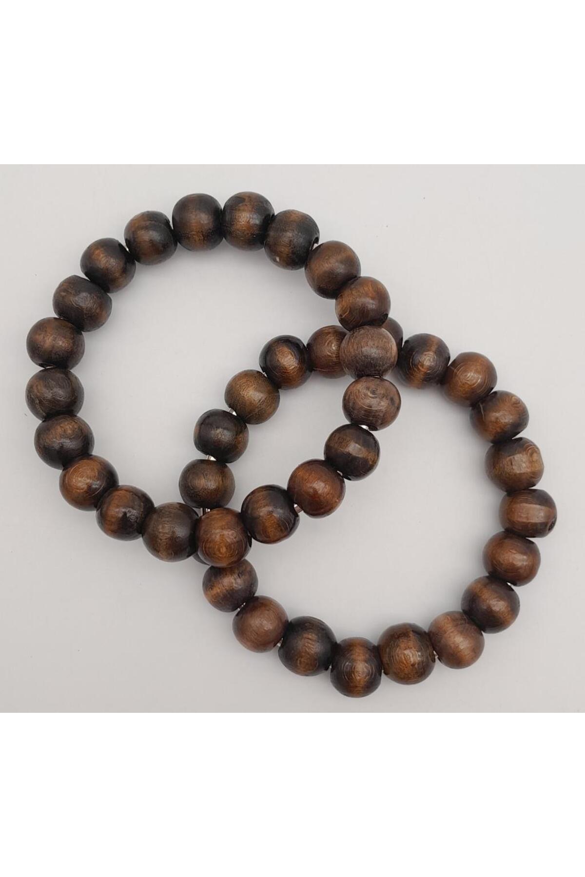 angel çanta aksesuar Angel Çanta Aksesuar 12 cm Ahşap Boncuklu Bilezik Model Koyu Ahşap Renk Çift Sap