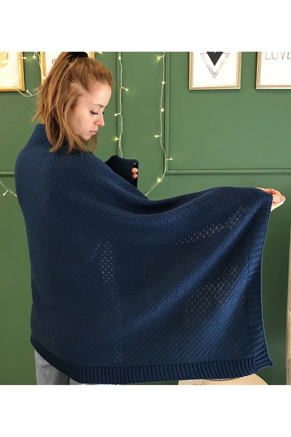 Ocean-Petrol Blue Knitwear Shoulder Shawl 3