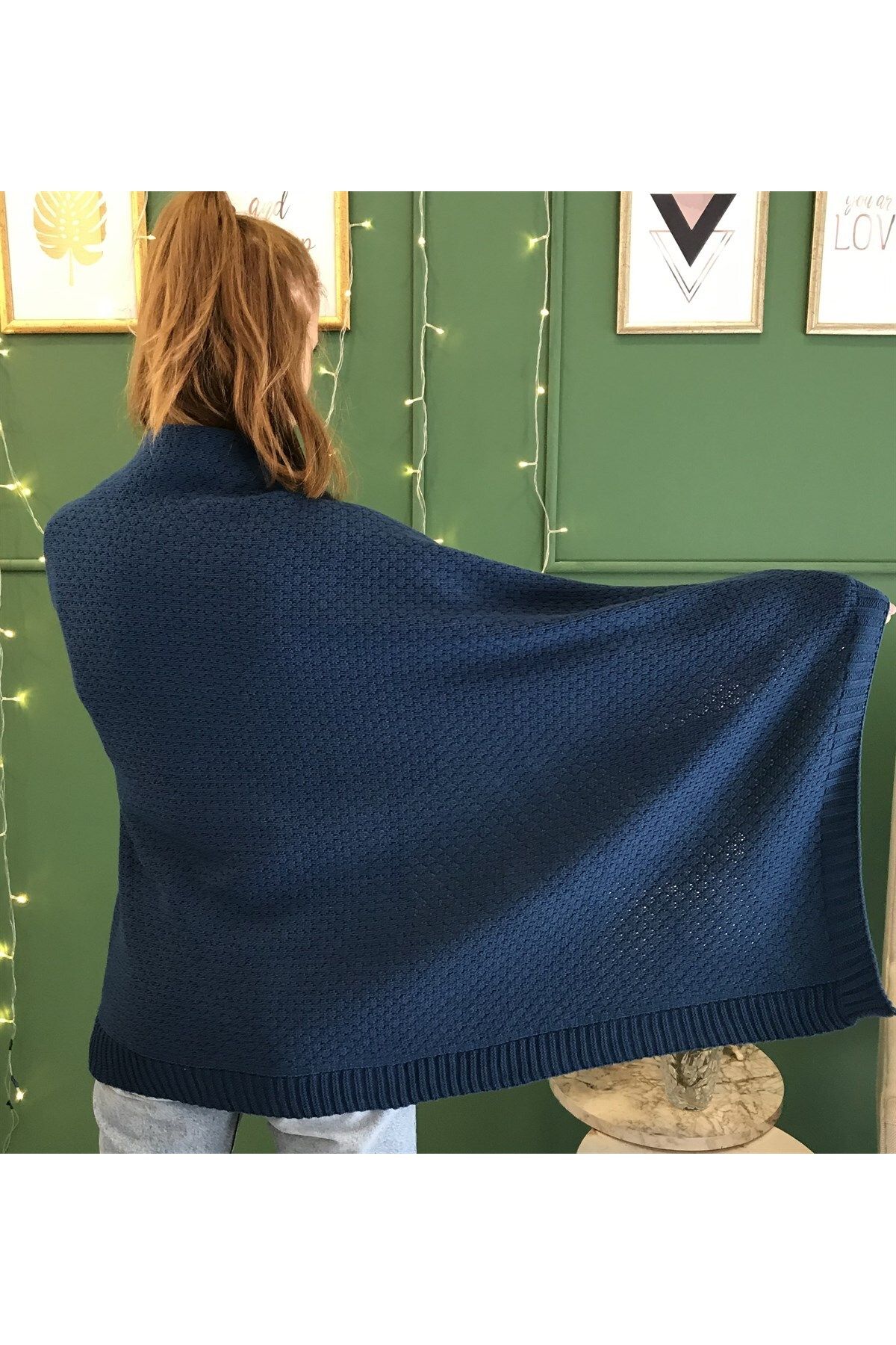Ocean-Petrol Blue Knitwear Shoulder Shawl 2