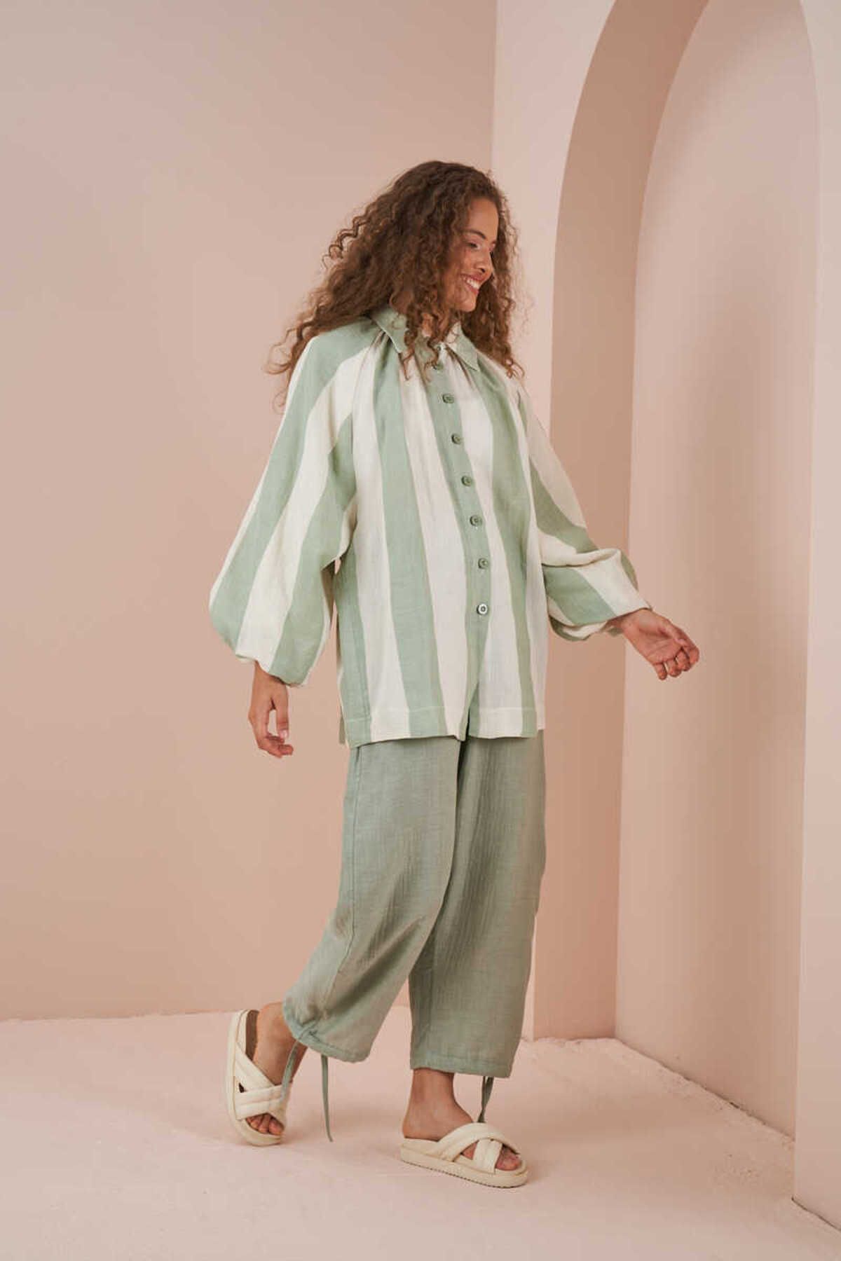 Mevra-Balloon Sleeve Muslin Thick Striped Tunic Green 3