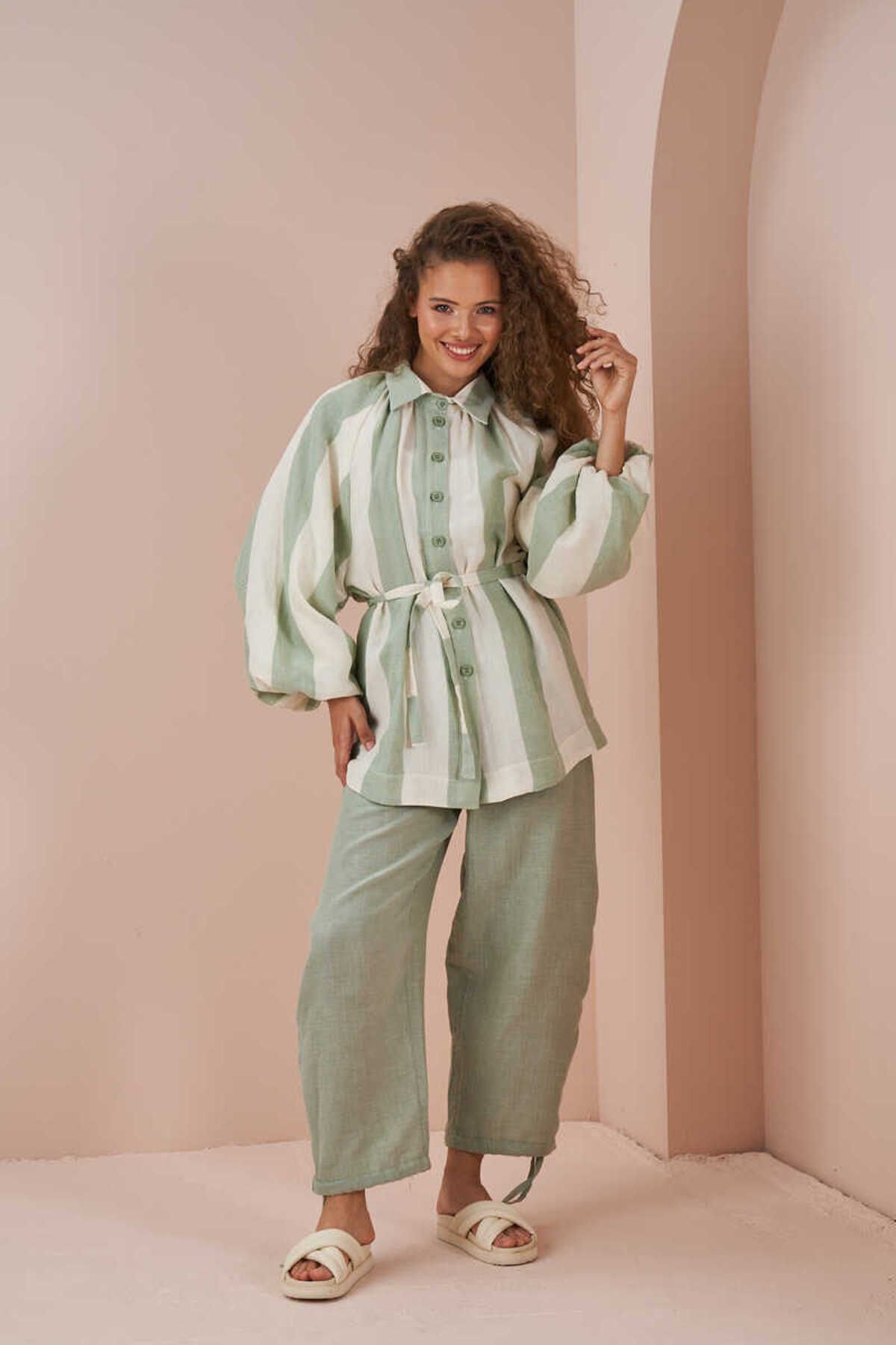 Mevra-Balloon Sleeve Muslin Thick Striped Tunic Green 8