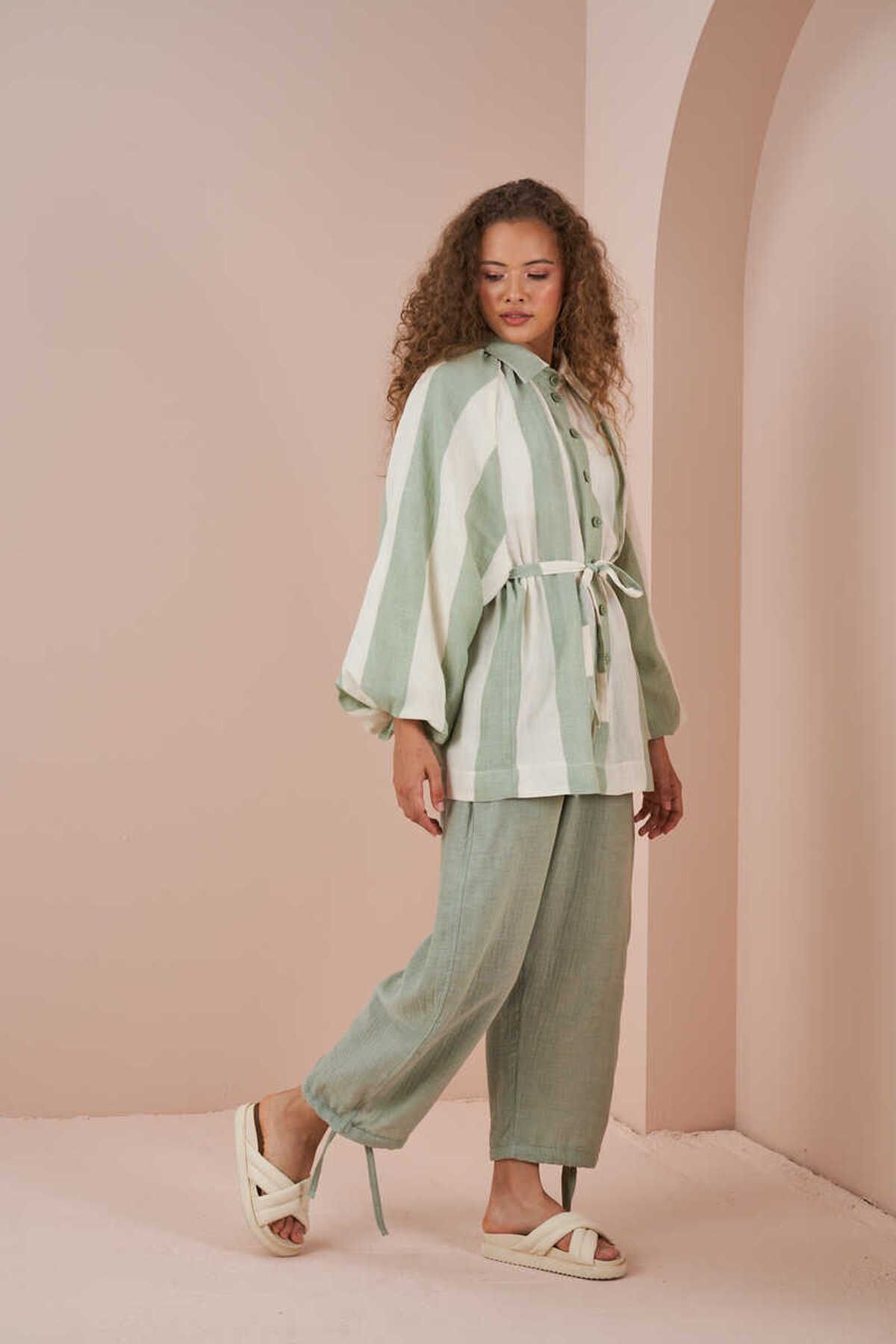 Mevra-Balloon Sleeve Muslin Thick Striped Tunic Green 6