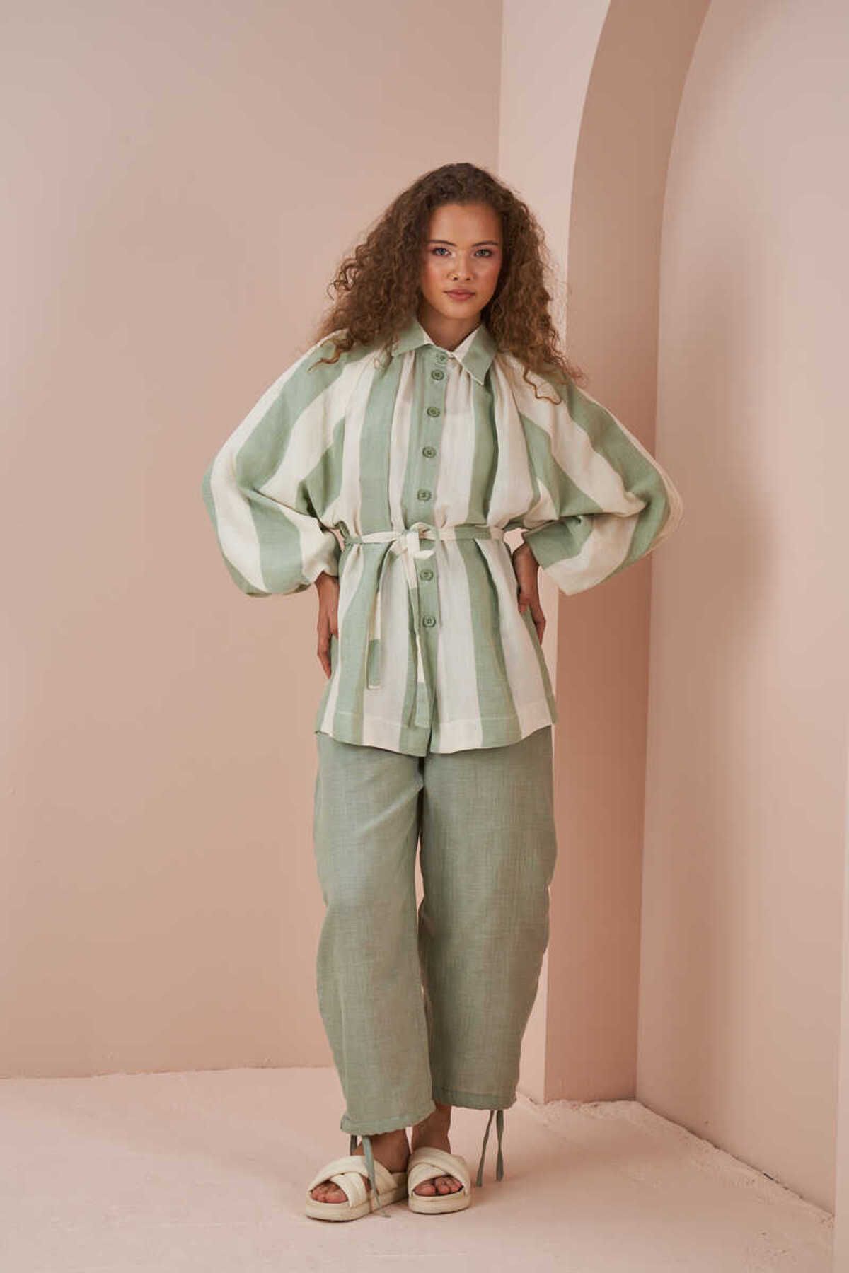 Mevra-Balloon Sleeve Muslin Thick Striped Tunic Green 7