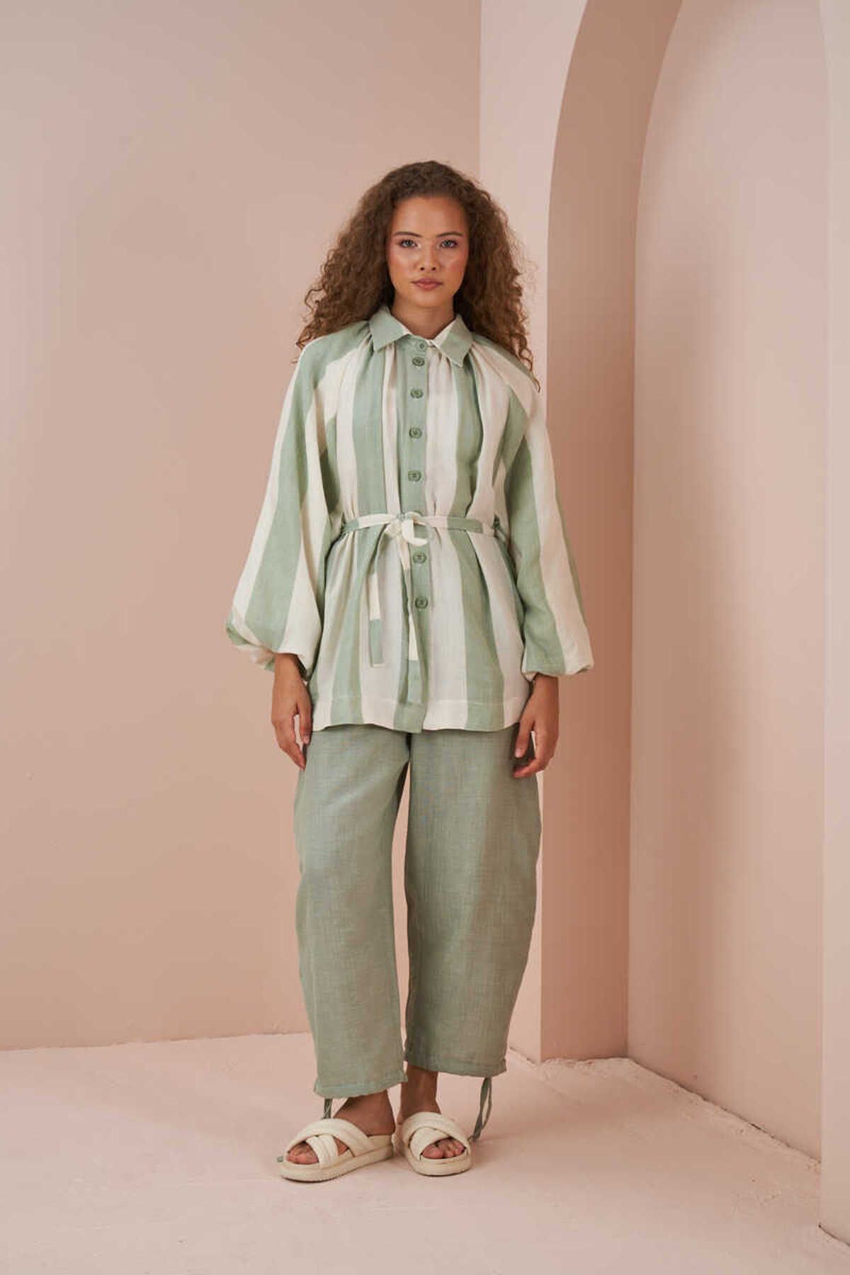 Mevra-Balloon Sleeve Muslin Thick Striped Tunic Green 5