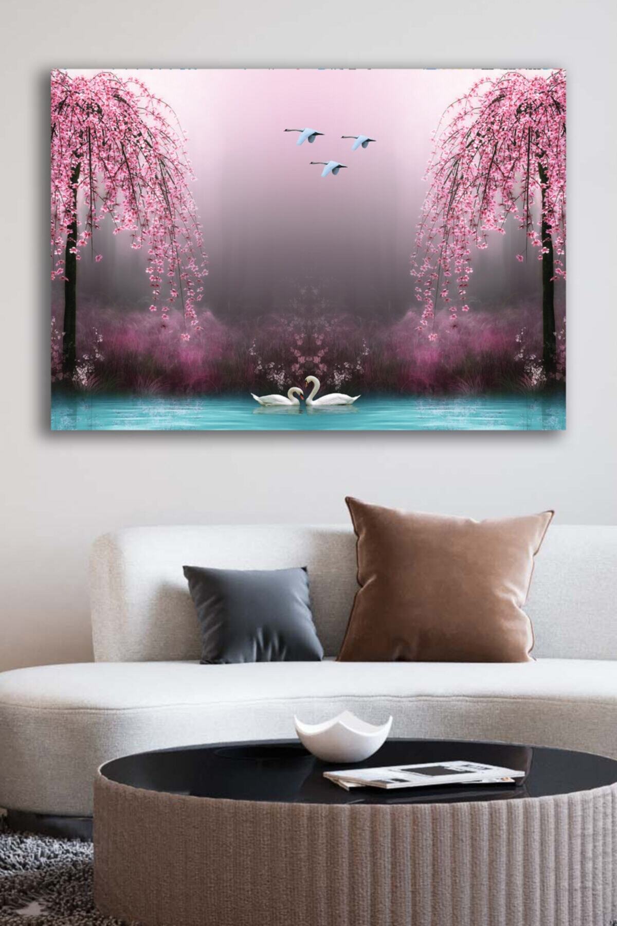 Canvas Table Printed Decorative Swan Lake Pink Flowering Trees Home Office Hotel Decor Gift Table
