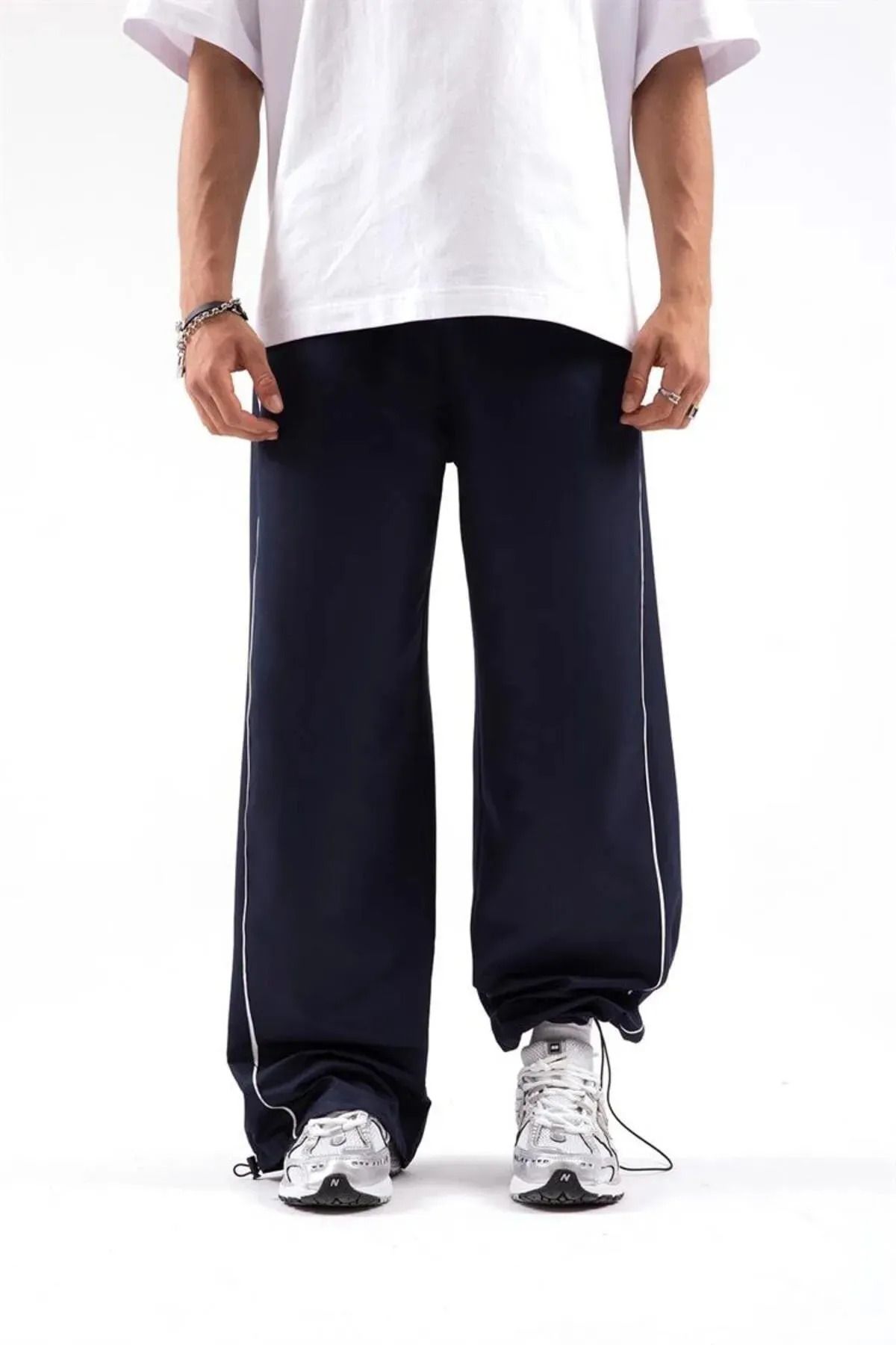1blood Adjustable Leg Piping Detail Navy Blue Parachute Trousers