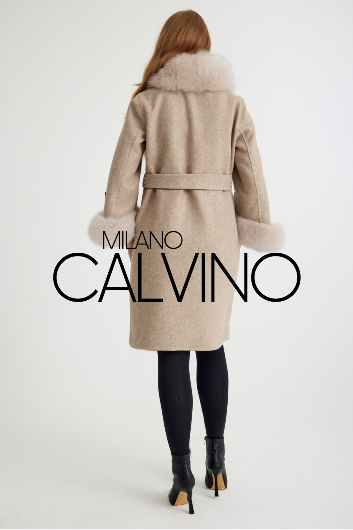 Milano Calvino  Alpaka Yün Kumaş Kürklü Kadın Palto (bej) - Görsel 5