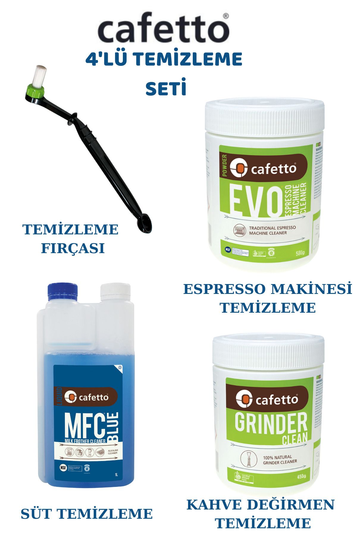 Cafetto 4'lü Temizleme Seti Kahve Makinesi Değirmen Öğütücü Süt Temizleme Fırça