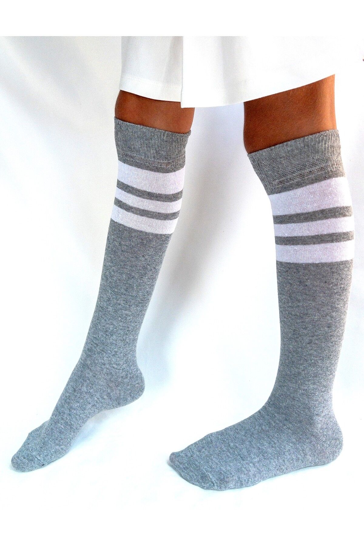 C HO Socks 4 Pairs Girls Women Gray Striped Non Slip Below Knee