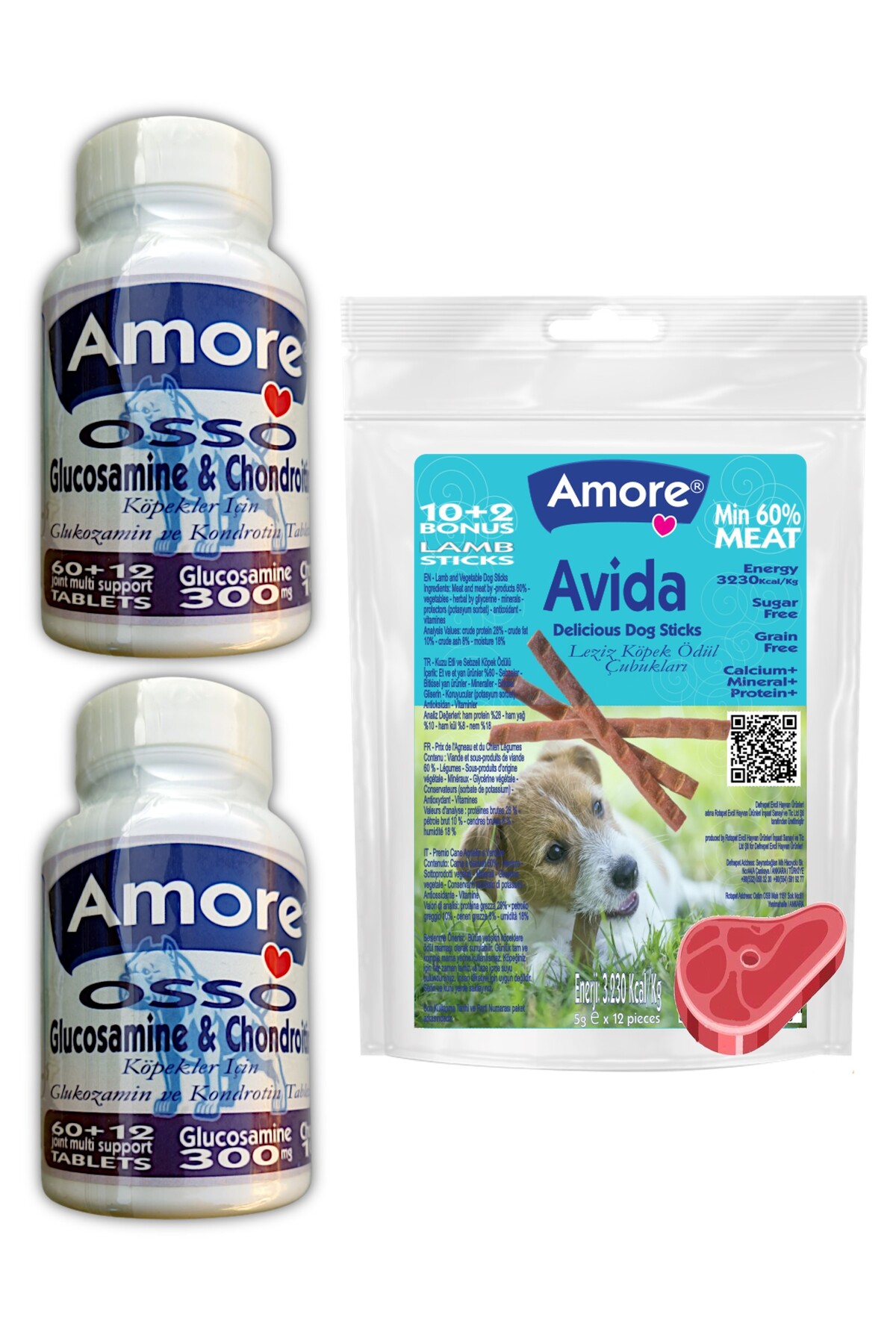 AMORE Osso Glukozamin 2x72li Ve 12li Stick, Köpek Eklem Desteği Tableti, Avida Dog Lamb Sticks Ödül Maması