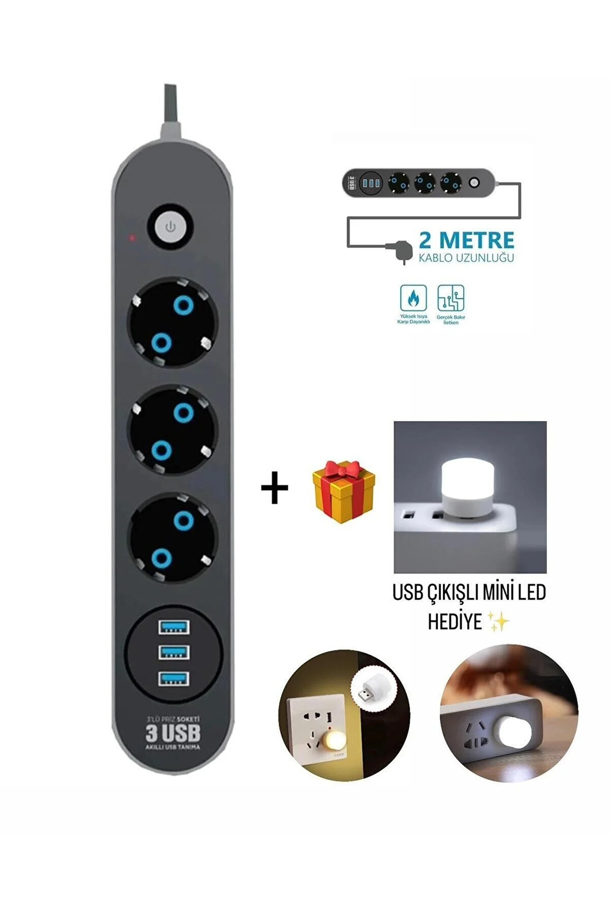 3-Piece Group Socket with Current Protection 1 Mini led Extension Cable 3X Usb 3X Switch 2M Cable 2500w