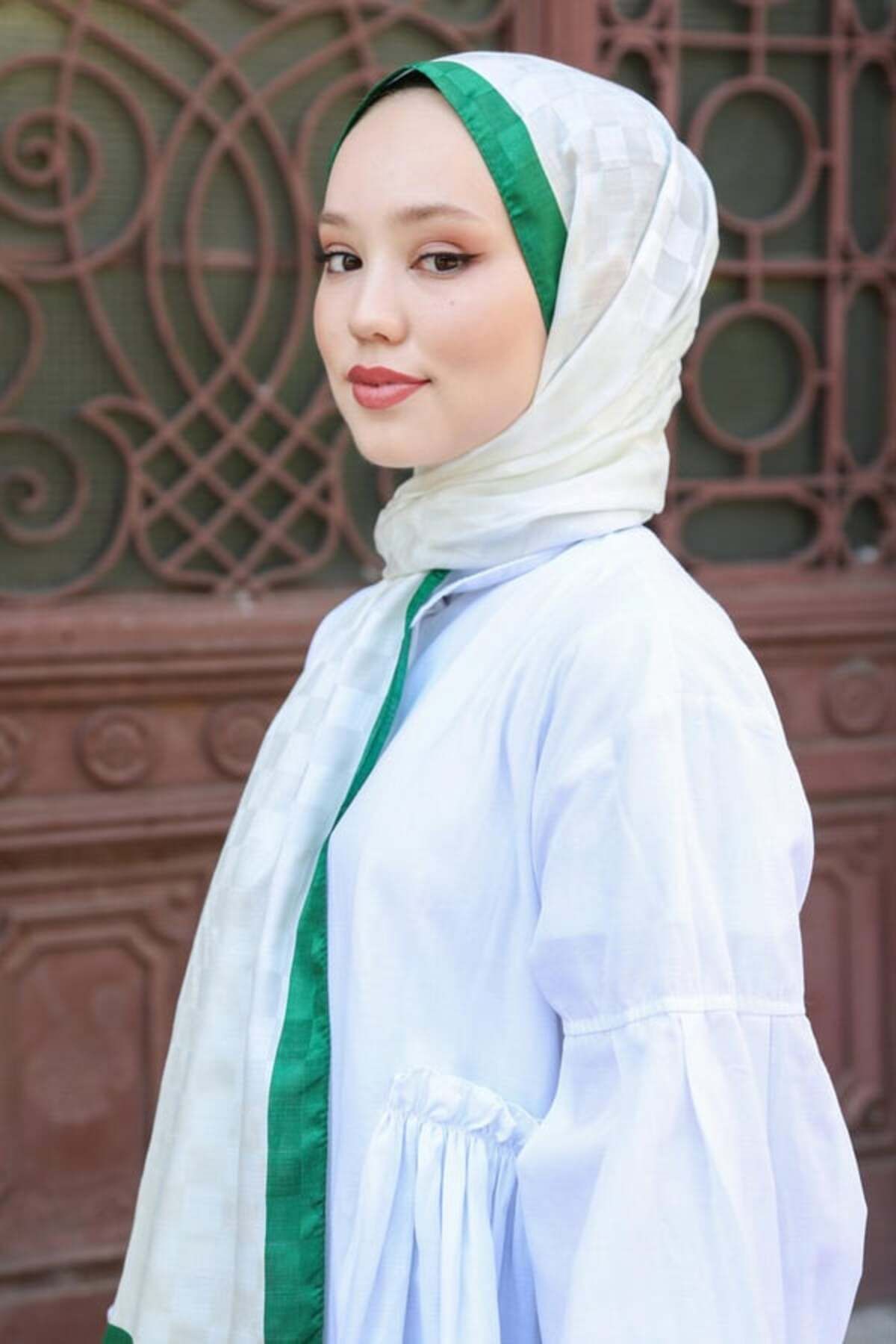 Hint İpek-Checkerboard Pattern Monogram Shawl White 2