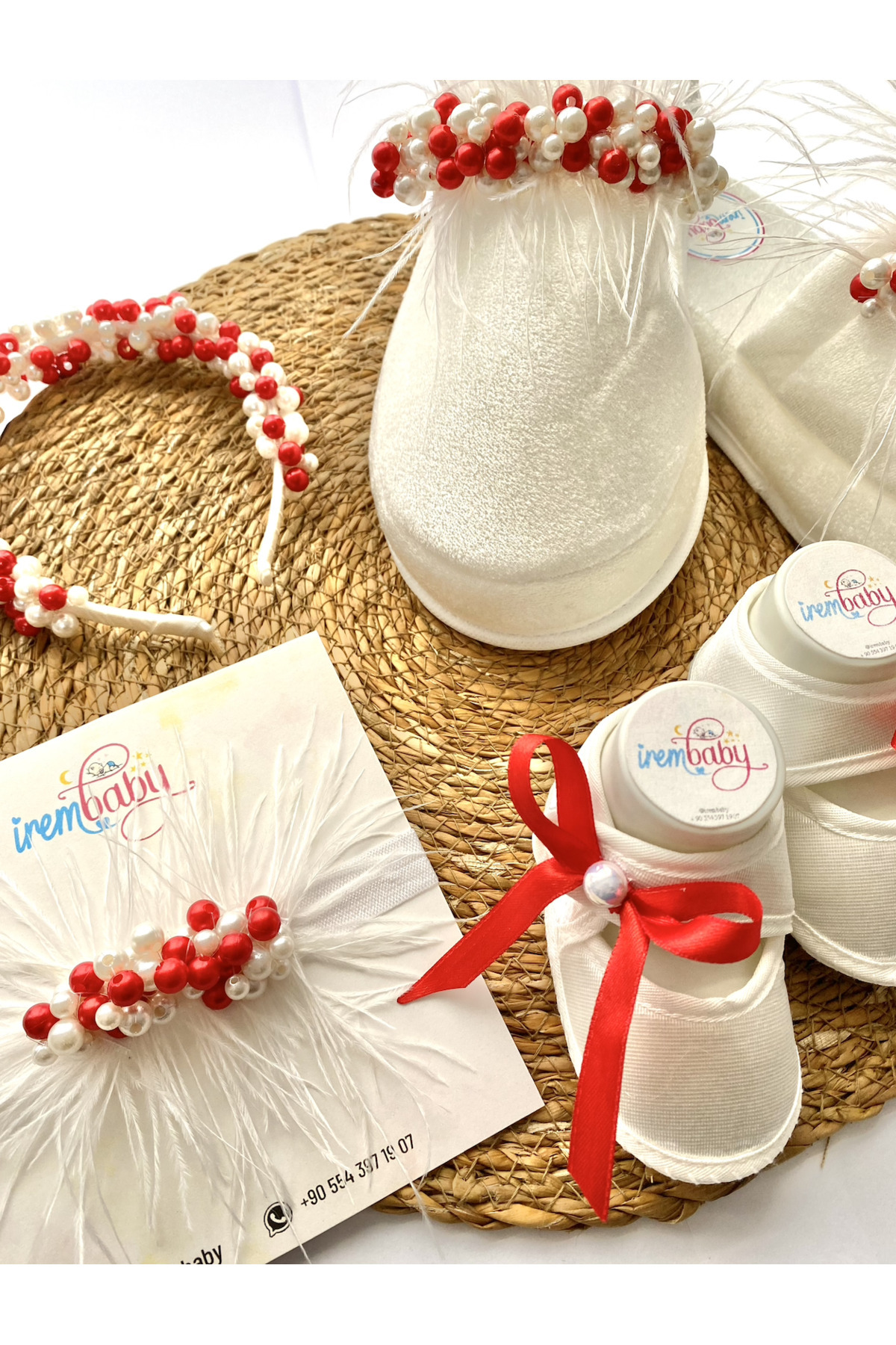 irembaby Anne Bebek Lohusa Seti Kırmızı İncili Tüylü Lohusa Tacı Terliği ve Bebek Ayakkabı Takım Özel Tasarım fotoğrafı 6 (önizleme)