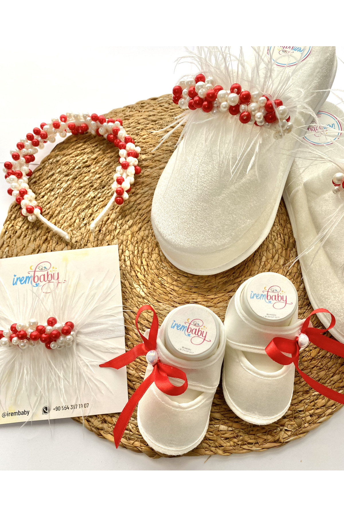 irembaby Anne Bebek Lohusa Seti Kırmızı İncili Tüylü Lohusa Tacı Terliği ve Bebek Ayakkabı Takım Özel Tasarım fotoğrafı 2 (önizleme)