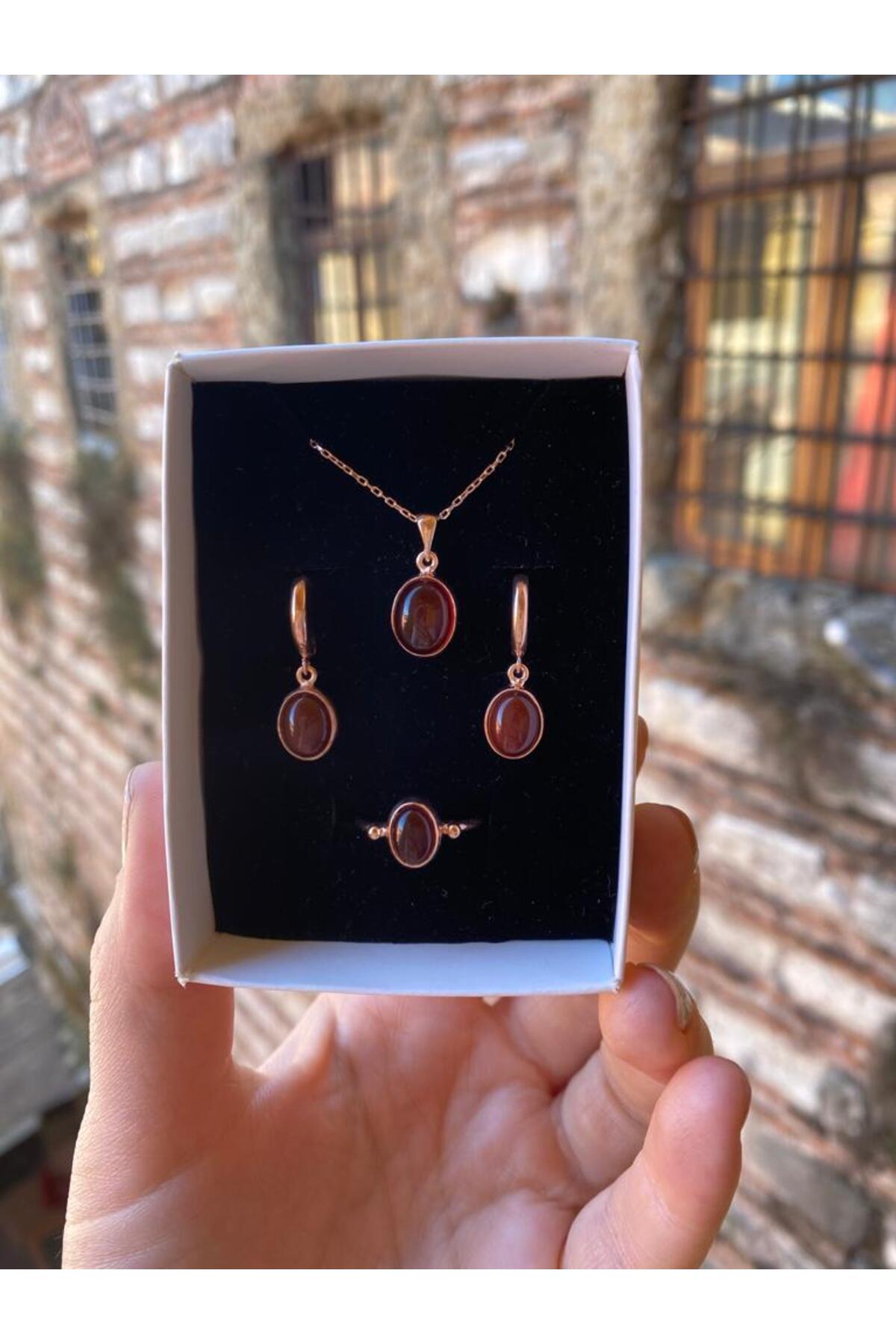 By Atölye Doğal Akik Taşı 925 Ayar Gümüş Roz Takım & Set