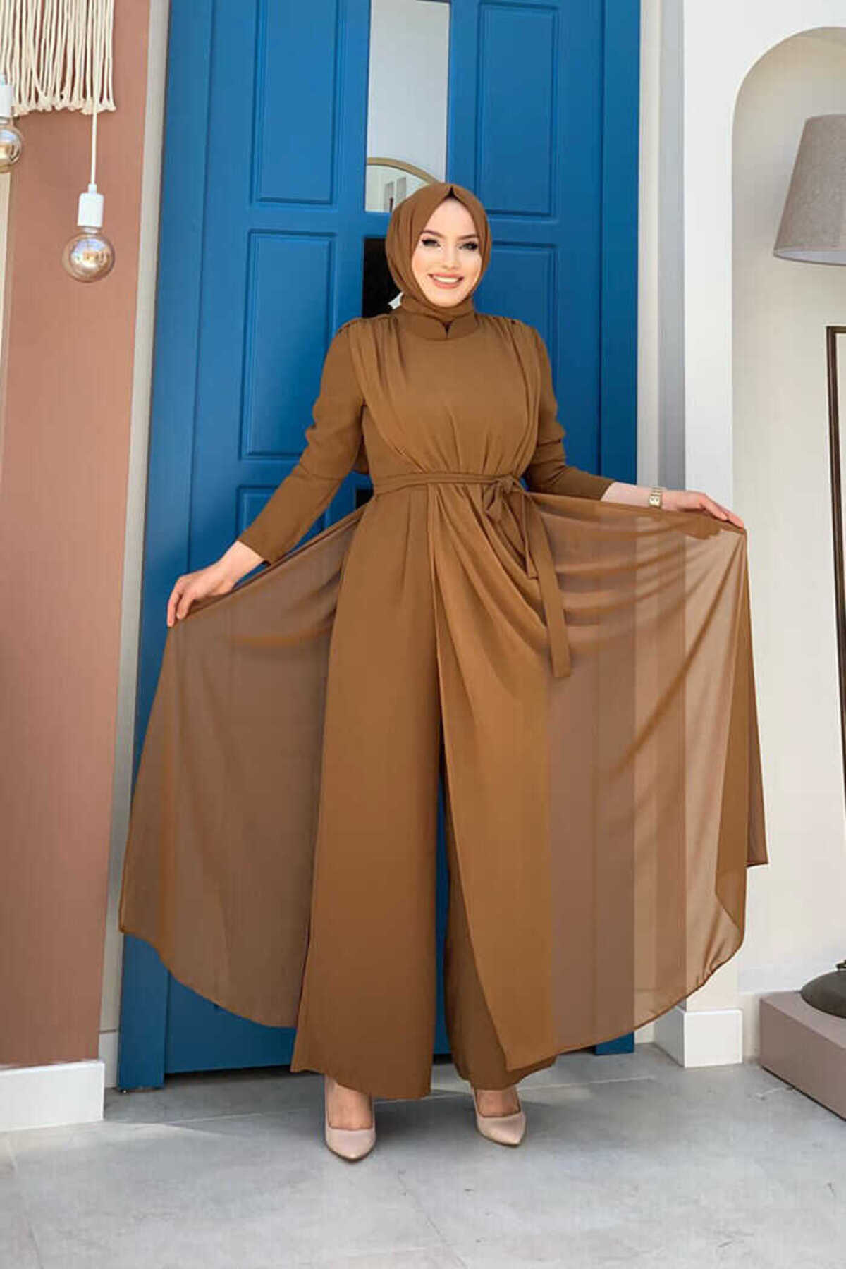 Bym Fashion Şifon Pelerin Detay Bel Kuşaklı Tulum 3330 Taba