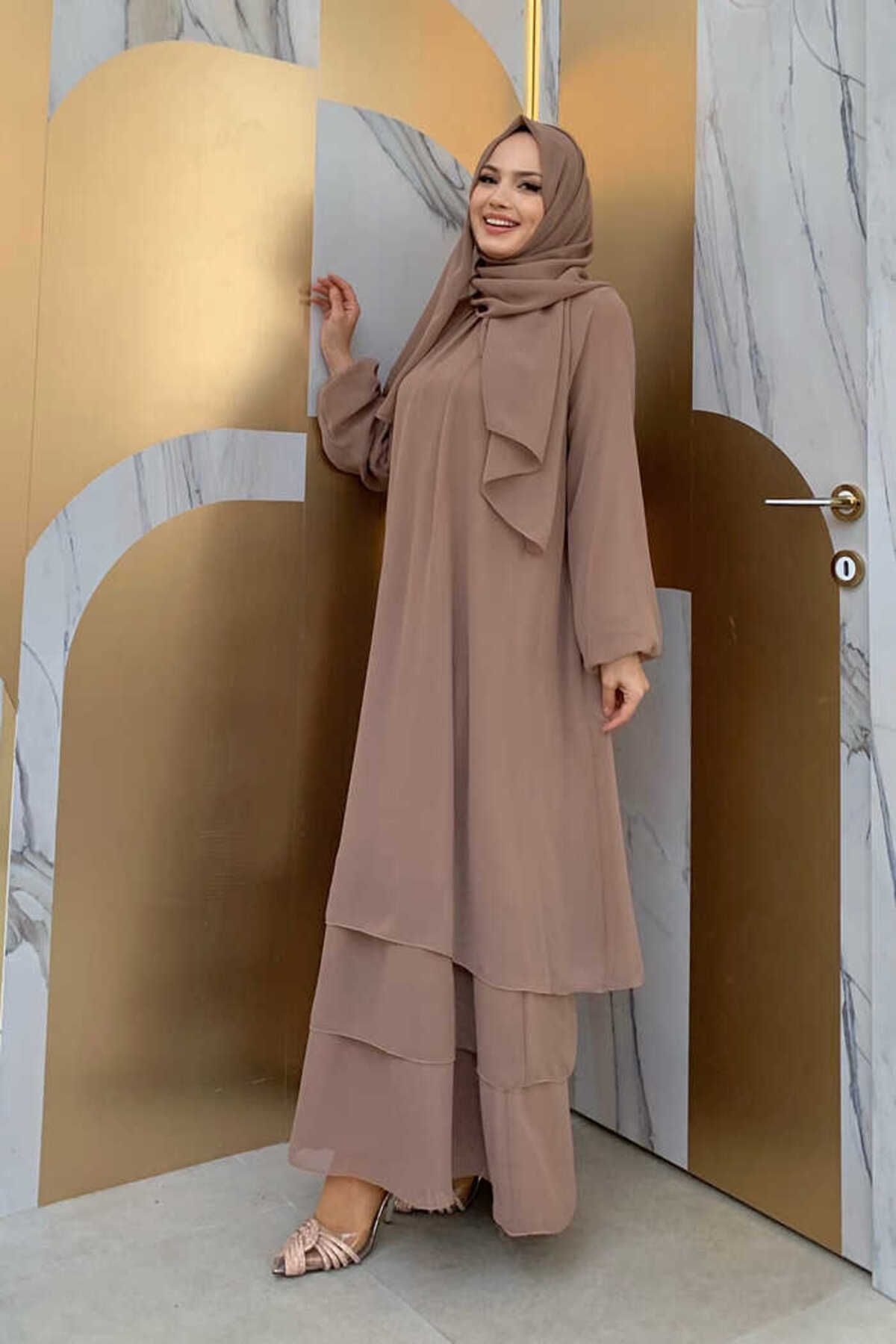 Bym Fashion-Réteges megjelenés, ujjú mandzsetta elasztikus sifon ruha 3060 mink 3