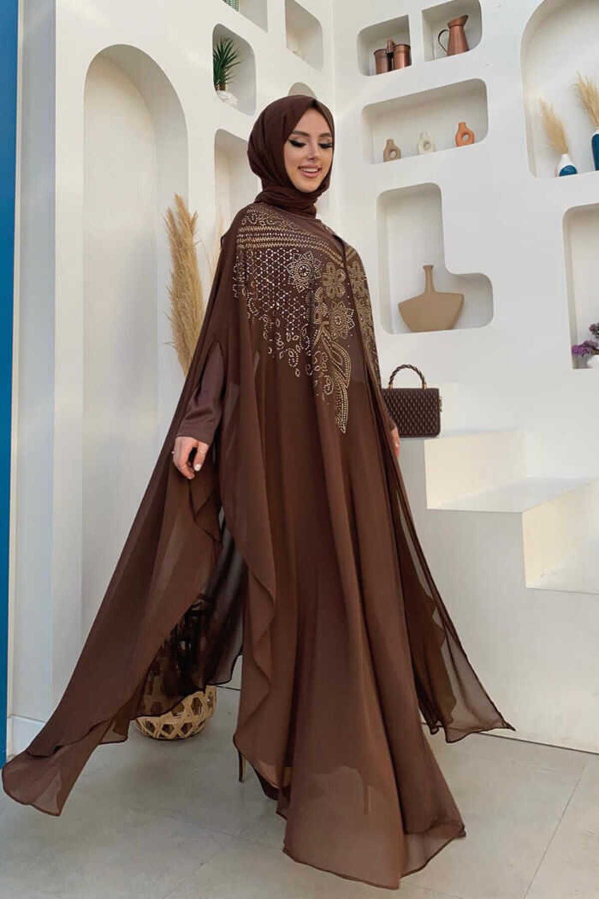 Bym Fashion-طقم فستان سهرة من الشيفون المطرز بالأحجار 3651 بني 3
