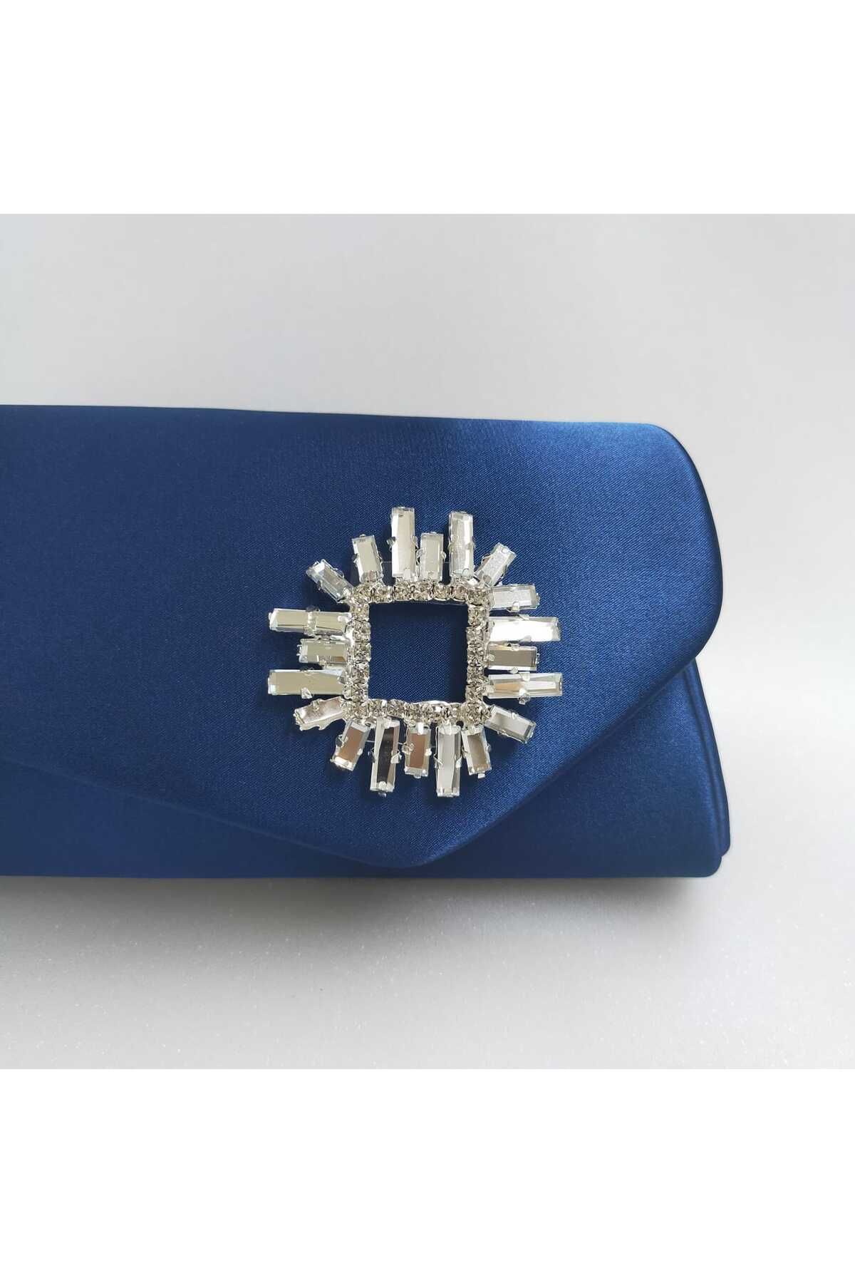 bsc Navy Blue Satin Square Stone Evening Bag Trendyol