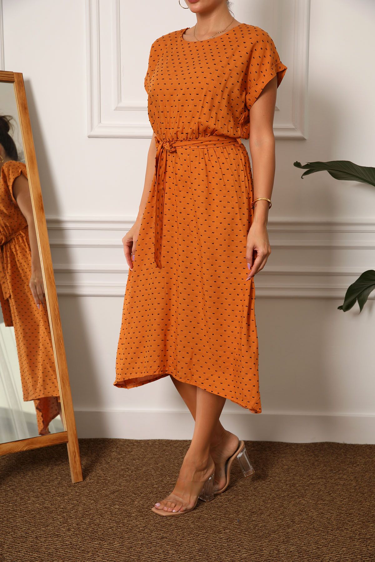armonika Orangefarbenes Damenkleid Pompom-Taille Bindeband elastischem Trendyol ARM-23Y001127 mit - und