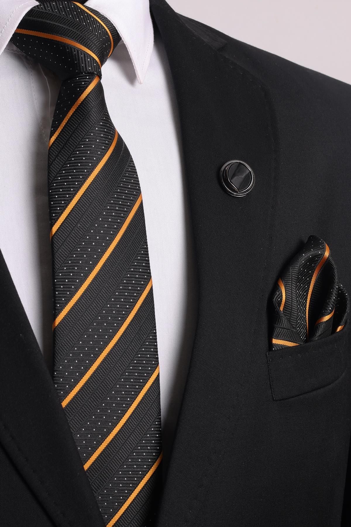 Esgue 7,5 см, золотисто-черный полосатый узор, галстук, носовой платок, брошь, подарочный набор ESG115KRM1050