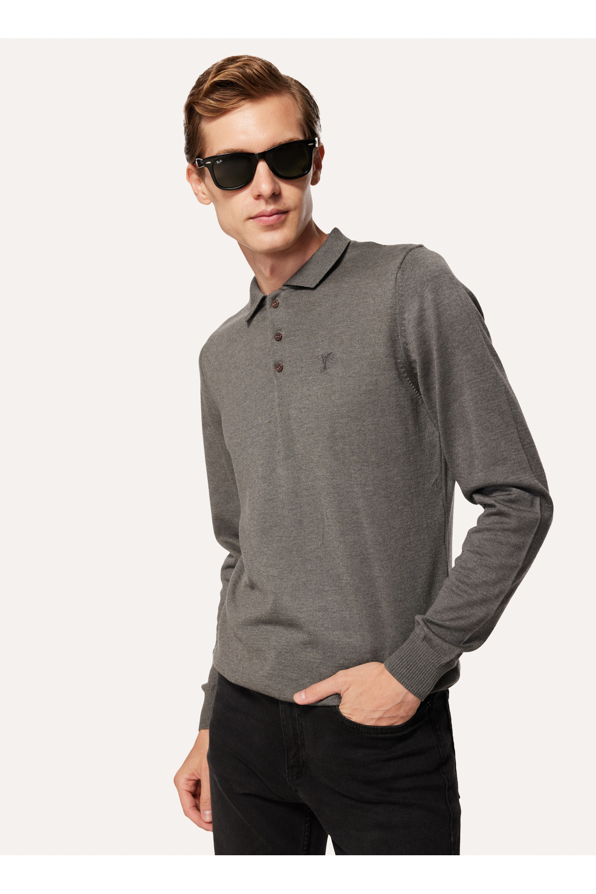Polo Neck Basic Plain Gray Melange Men's Sweater GINA