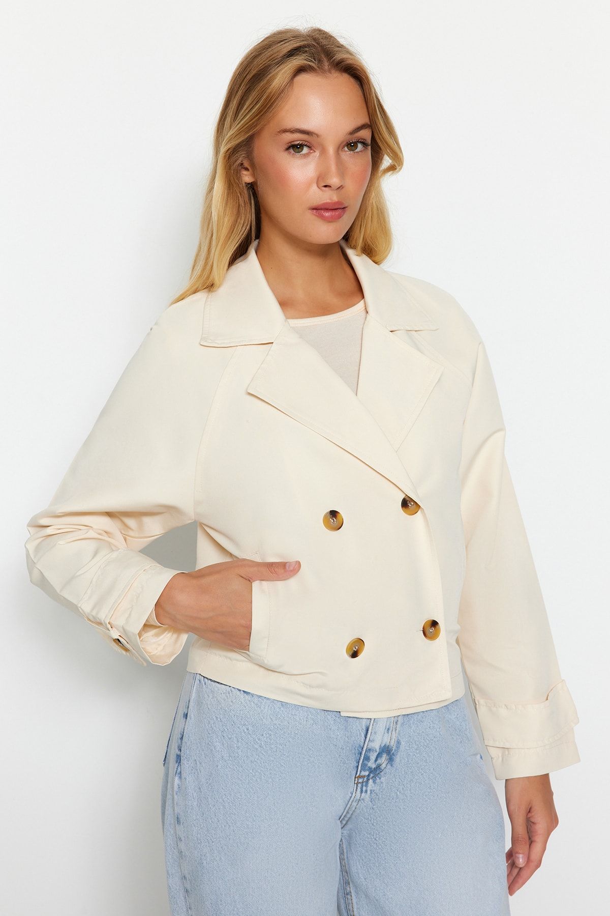 Trendyol Collection-Ecru túlméretes, széles vágású termény vízlepergető kabát TWOAW24TR00004 3