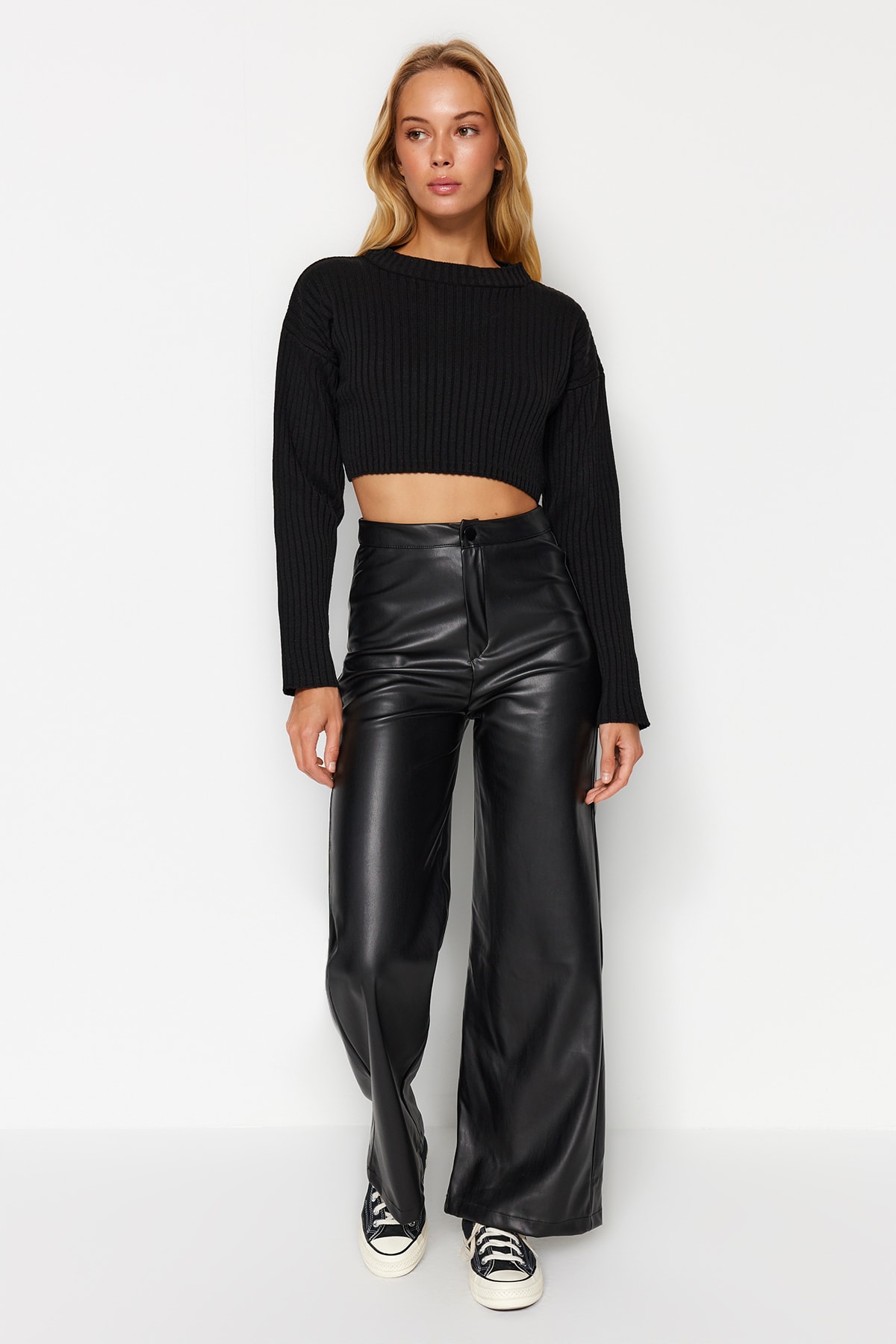 Trendyol Collection Black Wide Leg Pocket Arrival Index Leather Pants