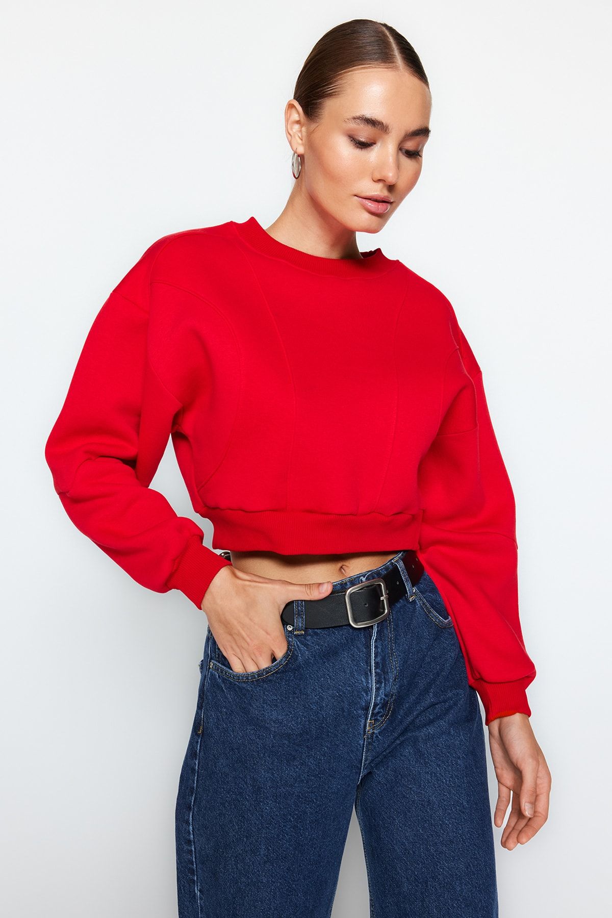 Trendyol Collection Czerwona Gruba Polarowa Bluza Z Dzianiny Ze Szwami Szczegółowymi O Regularnym/normalnym Kroju Kobieta - XL