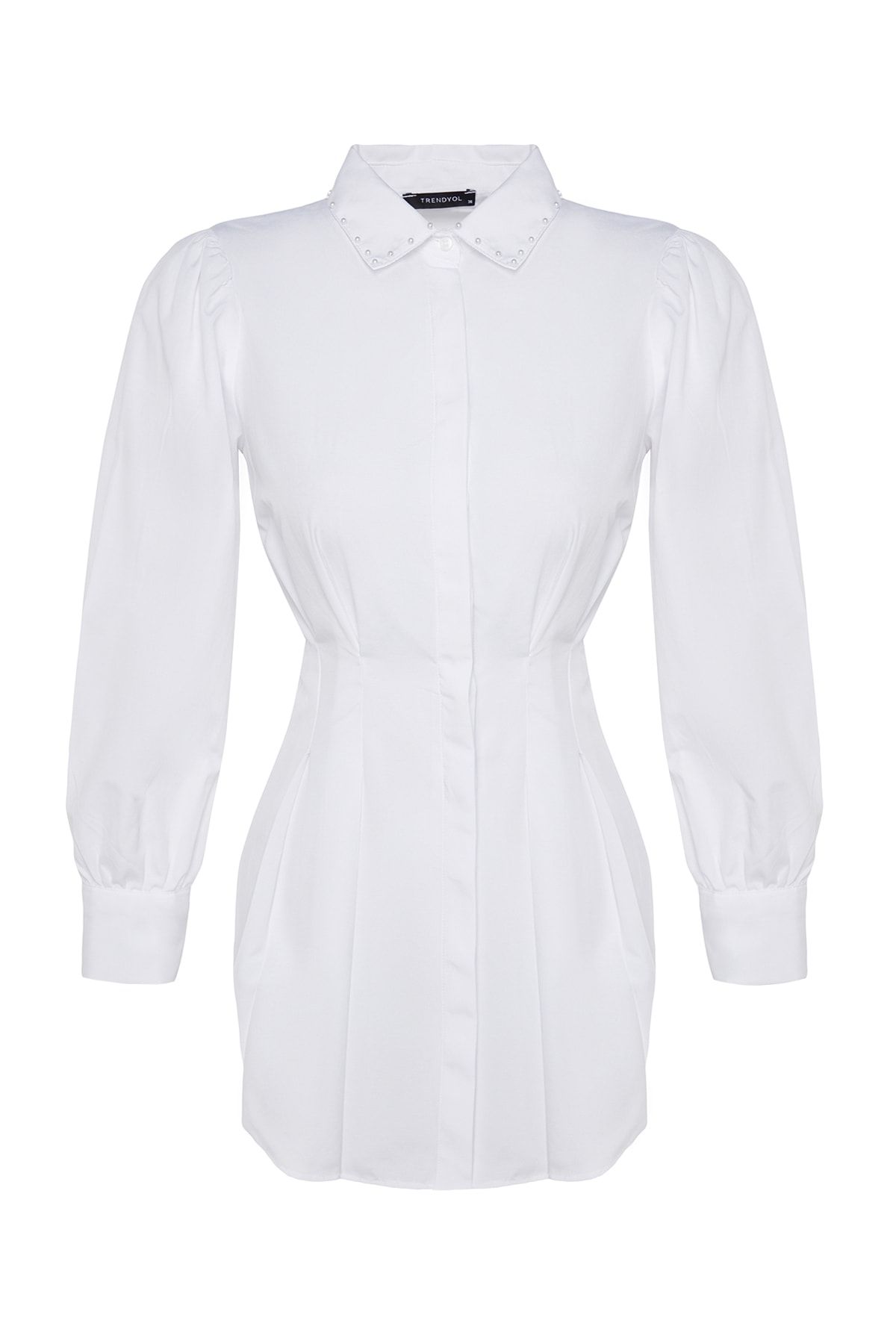 Trendyol Modest-Λευκό υφαντό πουκάμισο με μαργαριτάρι TCTAW24TG00027 6