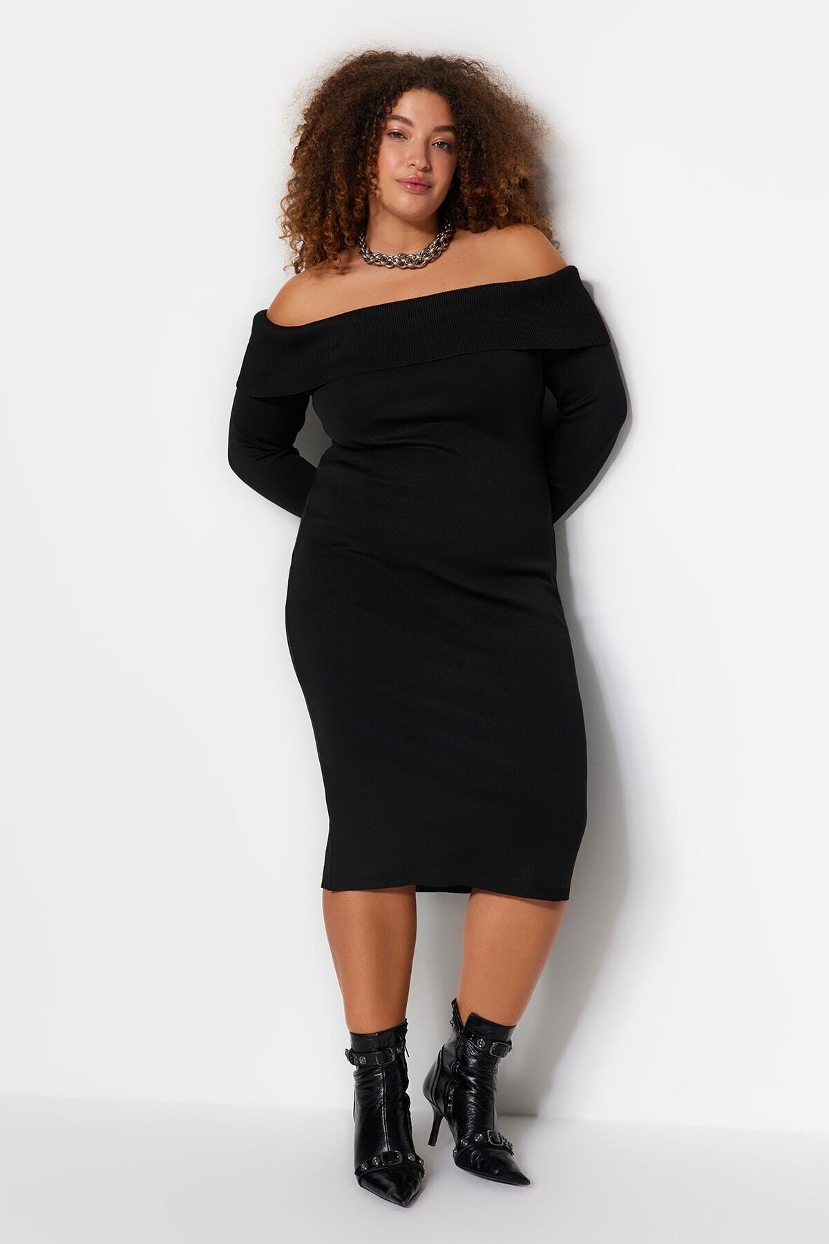 Trendyol Curve-Carmen Collar Μαύρο Πλεκτό Φόρεμα Midi - TBBAW24AH00001 3