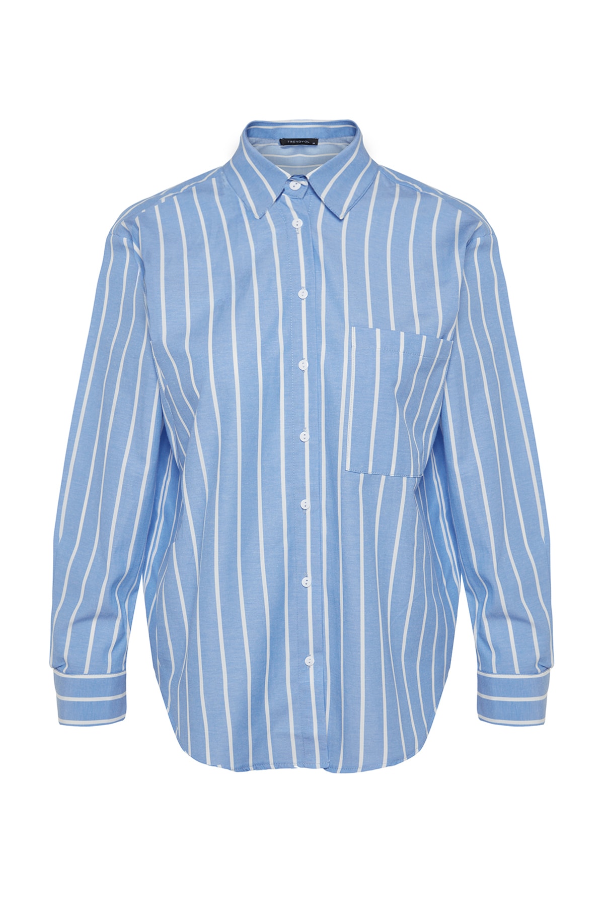 Trendyolmilla  Mavi Çizgili Cepli Oversize/Geniş Kalıp Dokuma Gömlek TWOAW24GO00033 - Görsel 7