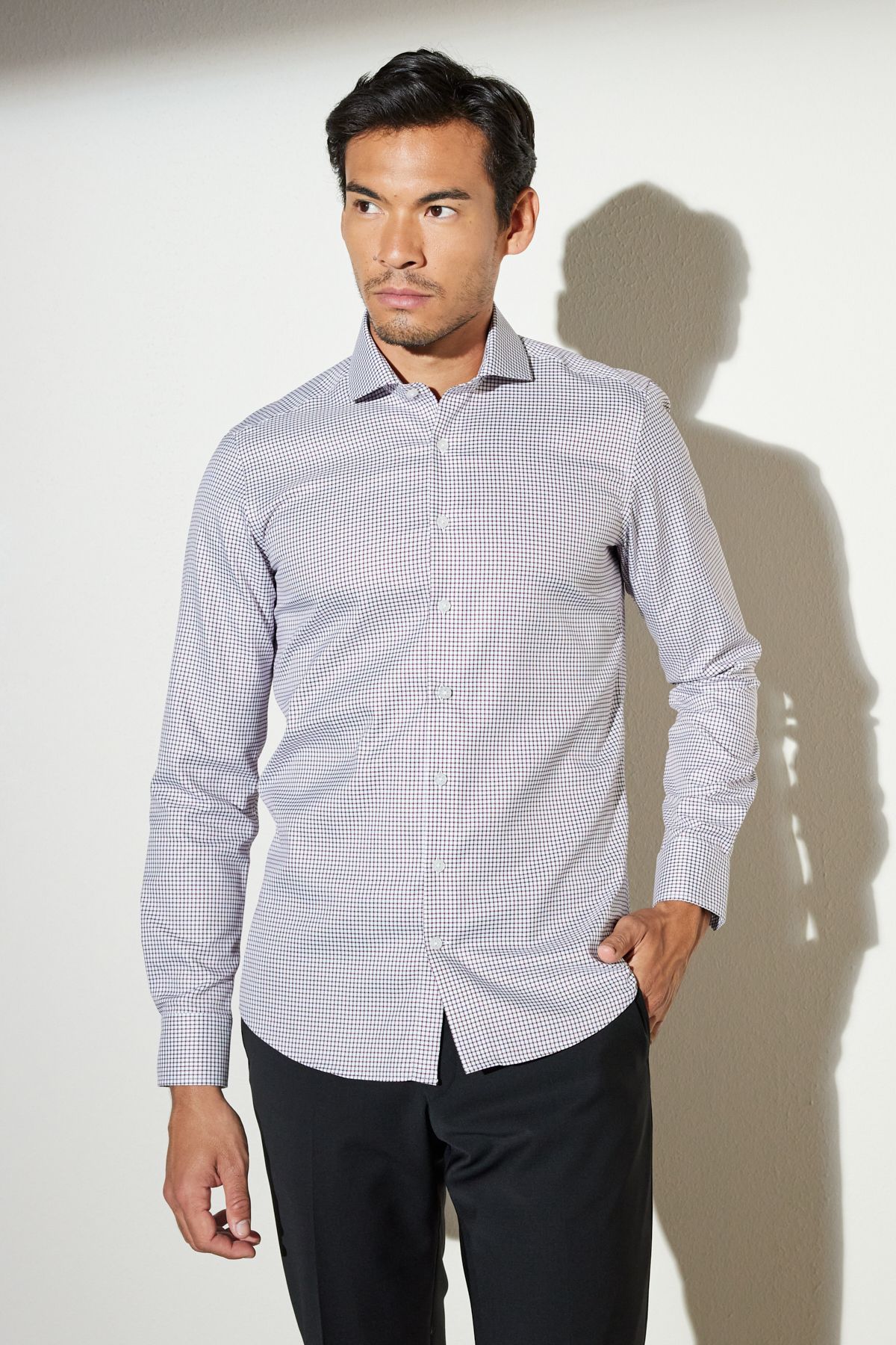 BROOKS BROTHERS-Koszula męska w kolorze bordowo-białym, slim fit, kołnierzyk włoski, 100% bawełny, nadruk 1