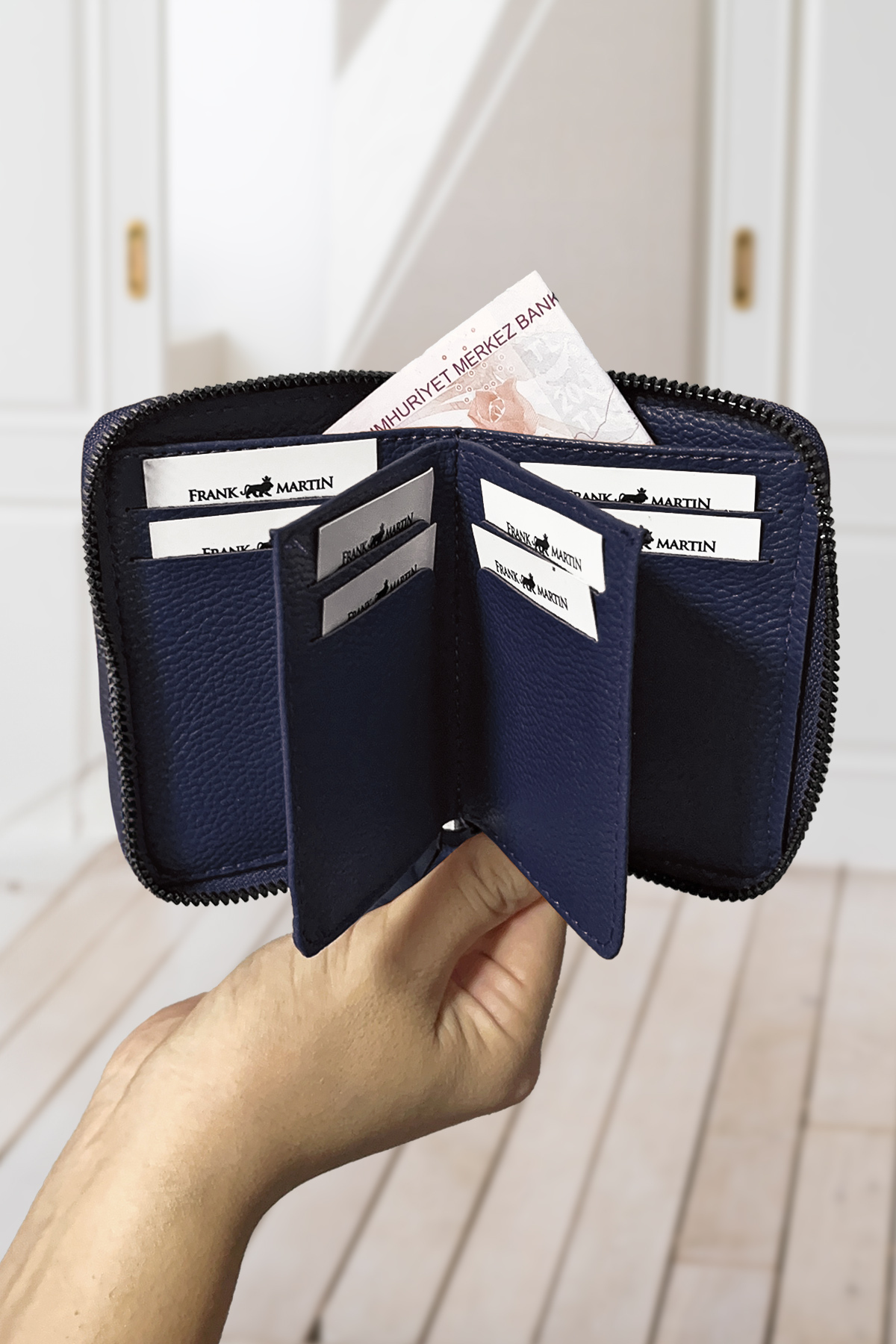 Frank Martin  Orijinal Fermuarlı Para Bölmeli Hediye Kutulu Deri Şık Lacivert Kartlık Cüzdan - Görsel 4