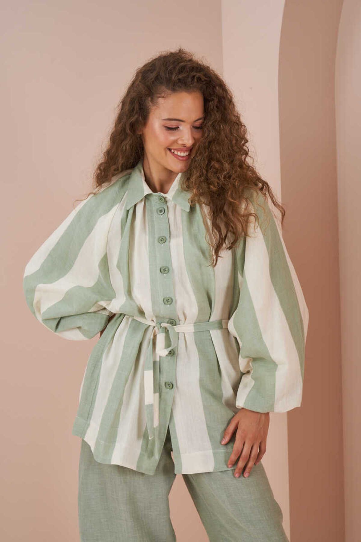 Mevra-Balloon Sleeve Muslin Thick Striped Tunic Green 1