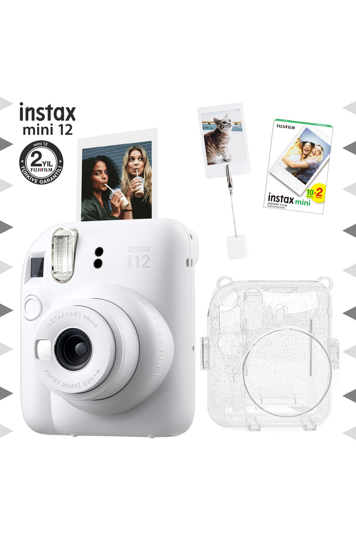 Instax mini 12 White Camera - Film with 20 Pieces - Picture Stand with Gripper and Glitter Plexiglass Case Set