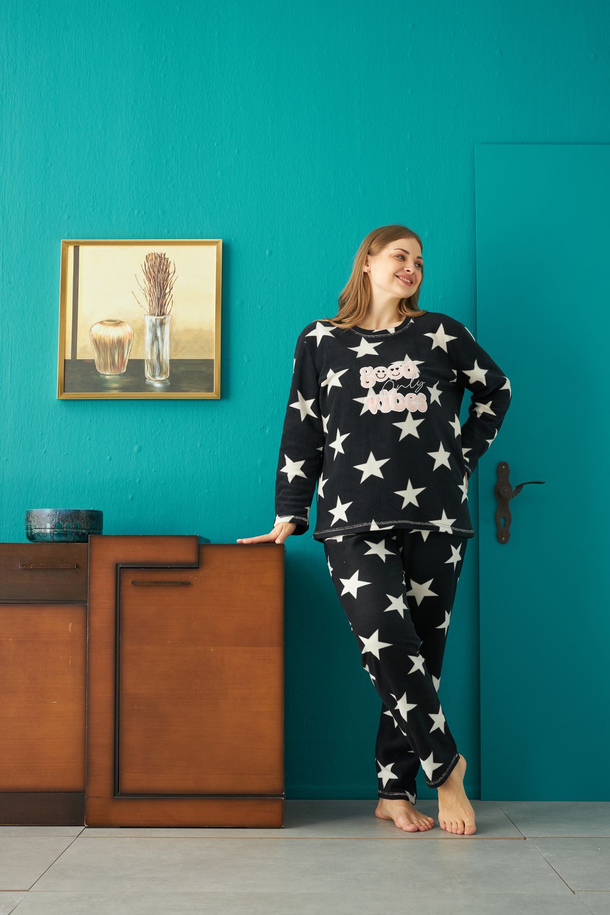 Siyah İnci-Bottom-Top Polar Embroidered Curve Plus Size Oversize Pajama Set 2
