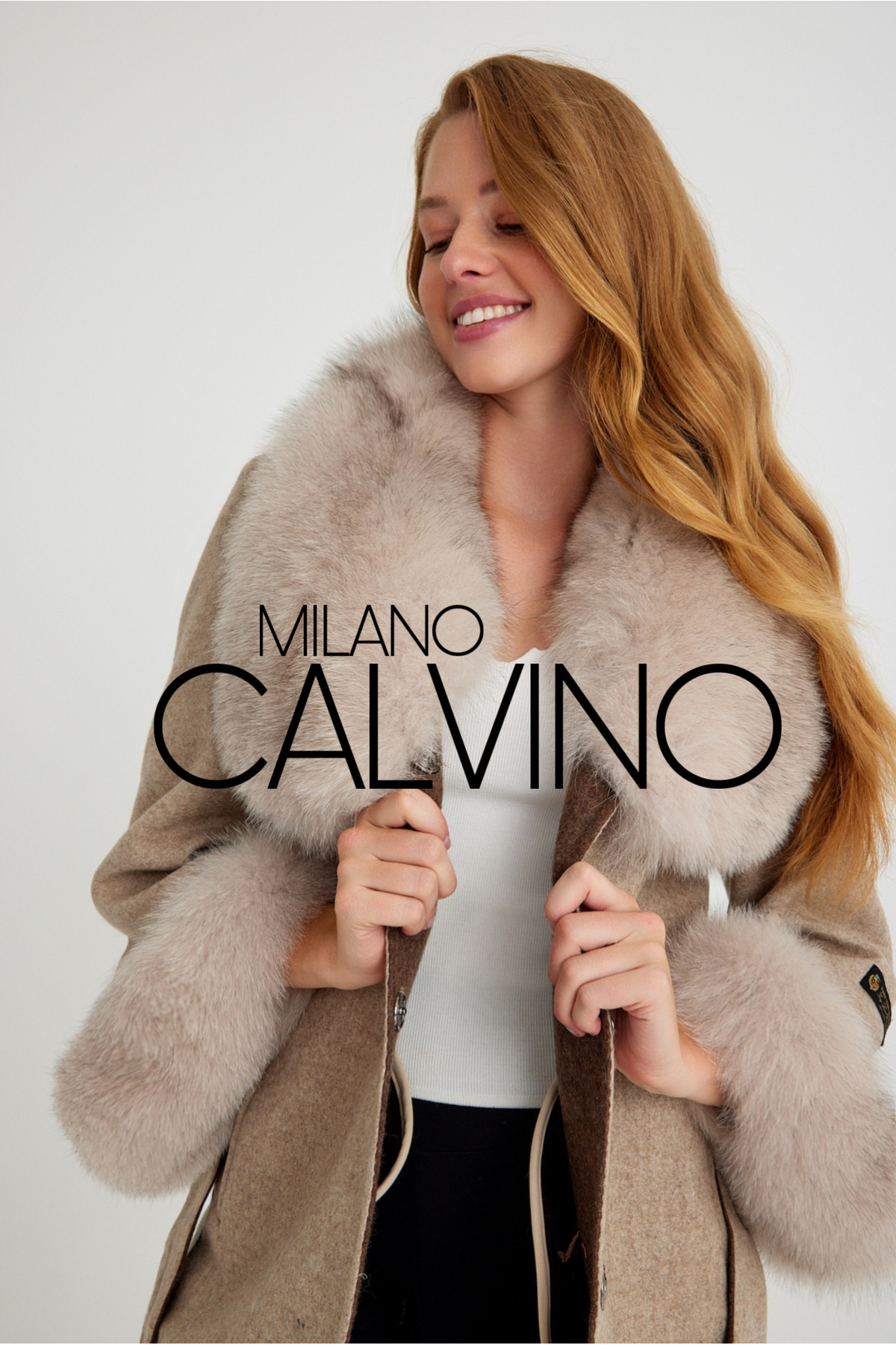 Milano Calvino  Alpaka Yün Kumaş Kürklü Kadın Palto (bej) - Görsel 3