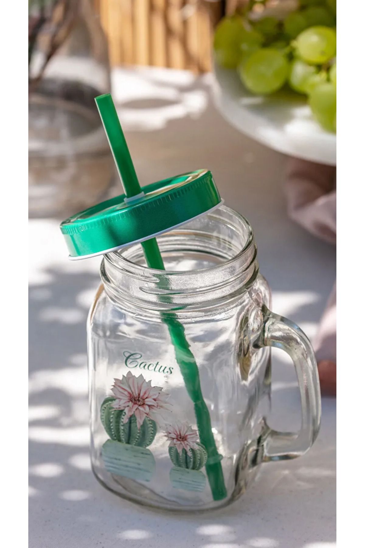 LC Waikiki-Lcw Home Cactus Printed Glass Cup with Lid and Straw 450 ml 3