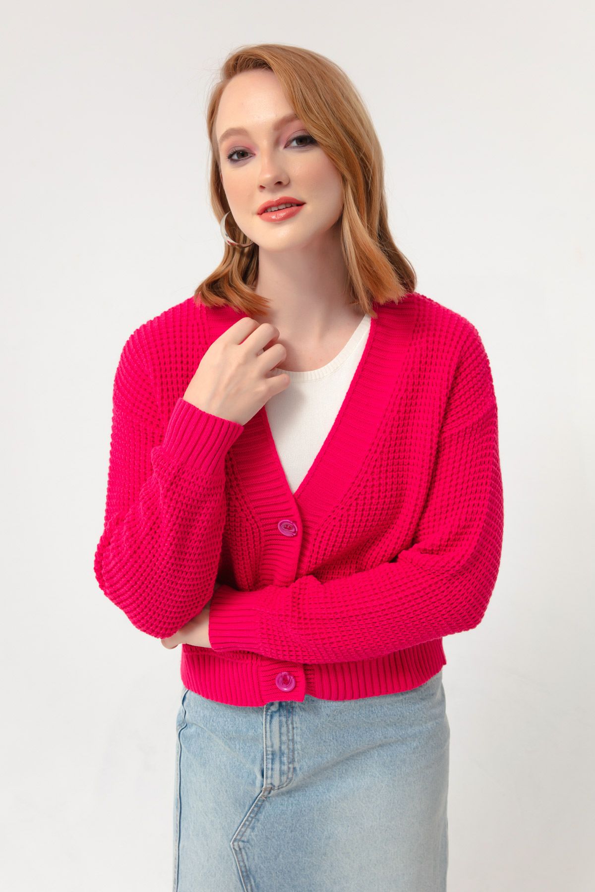 Lafaba Women s Fuchsia Button Detailed Knitwear Cardigan Trendyol