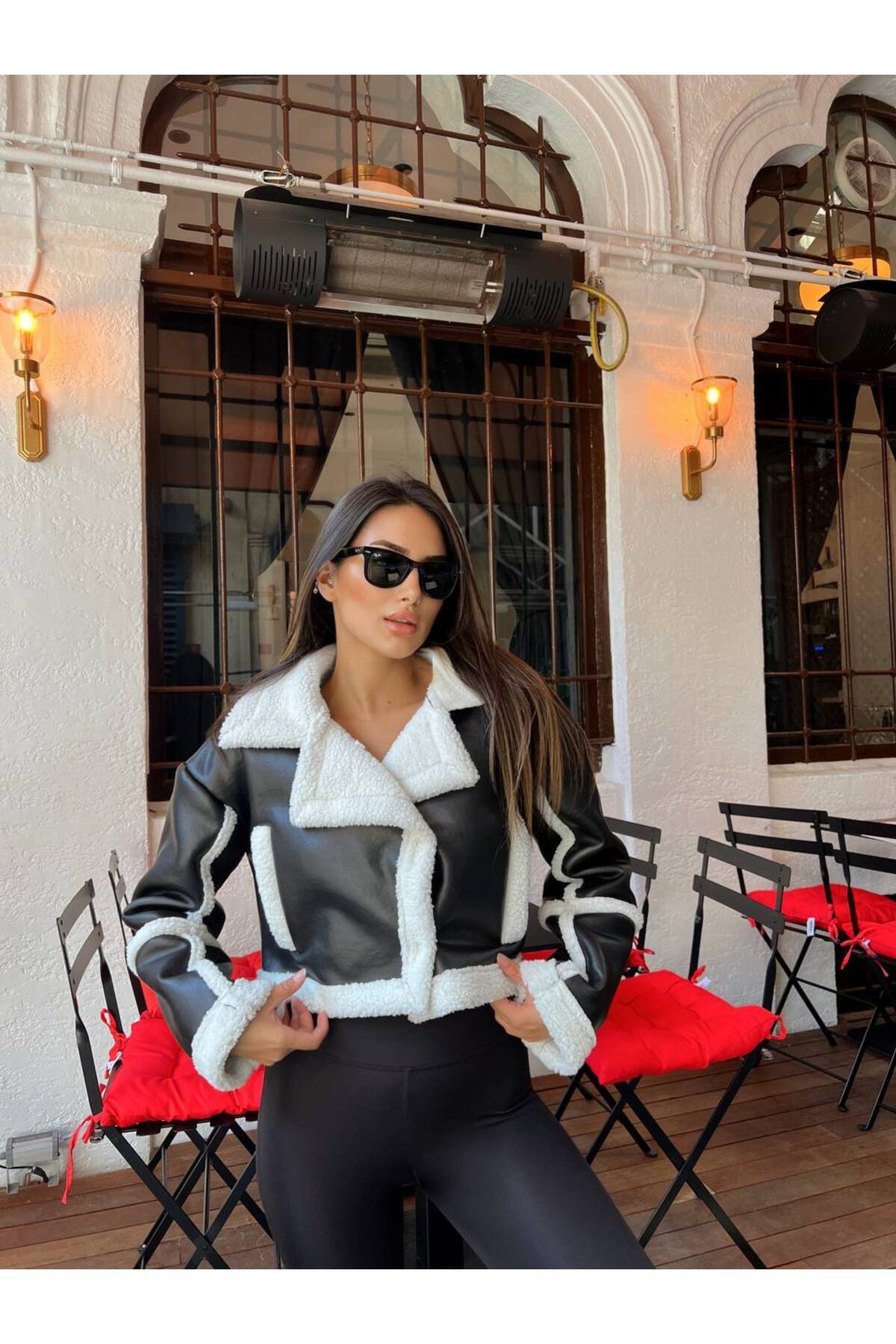 LEATHER BACK DETAIL INNER PLUSH COATING CROP COAT