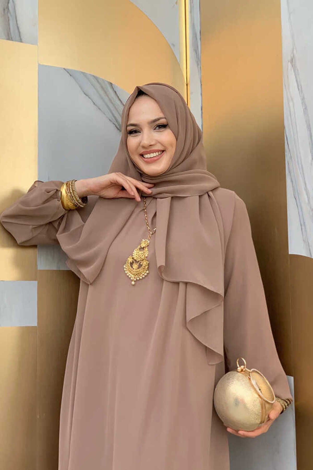 Bym Fashion-Réteges megjelenés, ujjú mandzsetta elasztikus sifon ruha 3060 mink 4