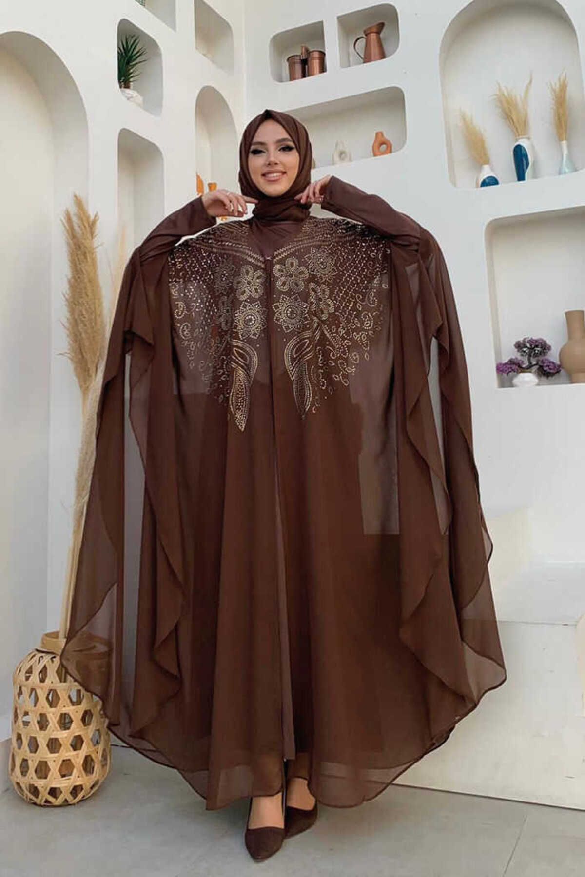 Bym Fashion-طقم فستان سهرة من الشيفون المطرز بالأحجار 3651 بني 2