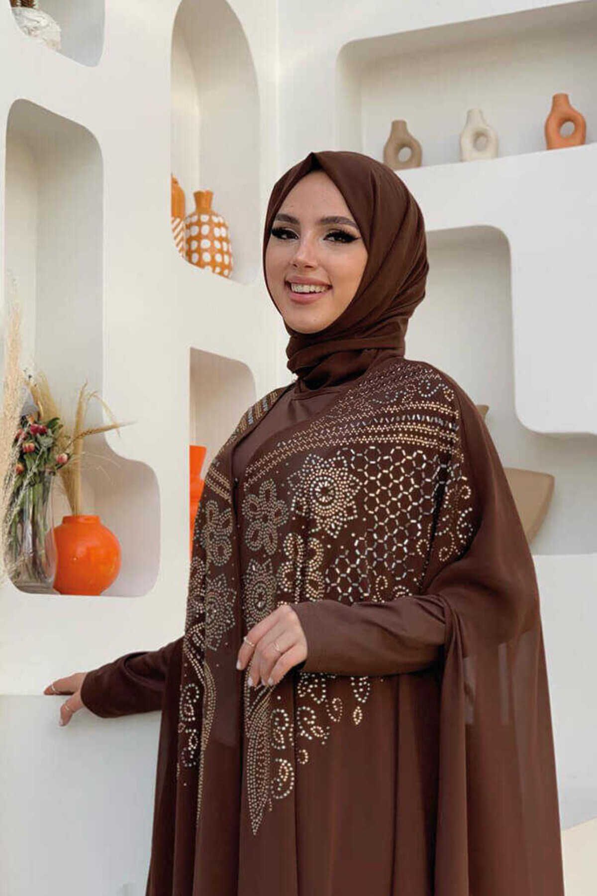 Bym Fashion-طقم فستان سهرة من الشيفون المطرز بالأحجار 3651 بني 4