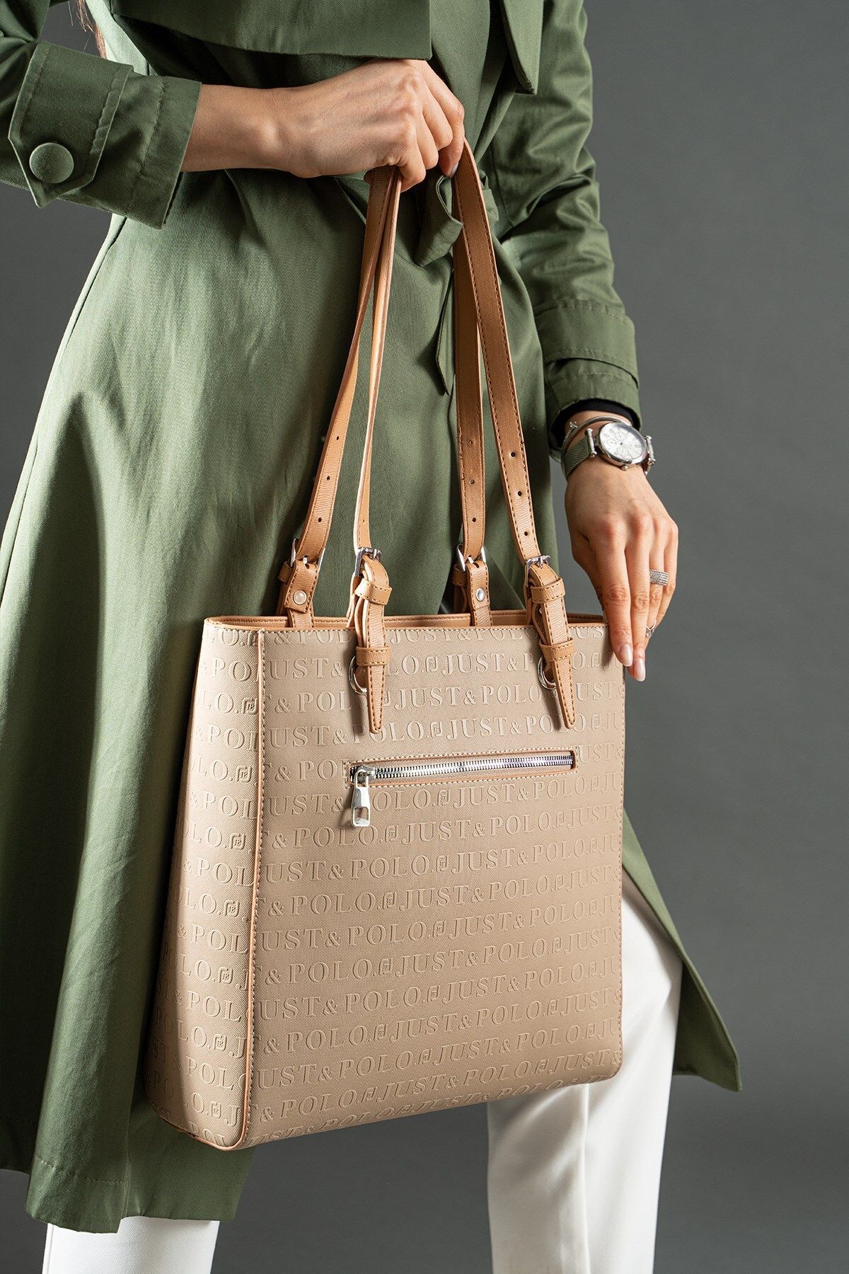 Just Polo Büyük Boy Tote Bag Kadın Omuz Çantası - Kum/Taba