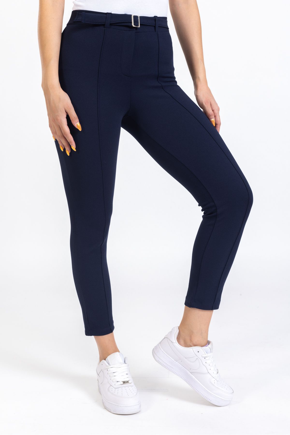 macharelbasic women s navy blue high waist slim fit fabric