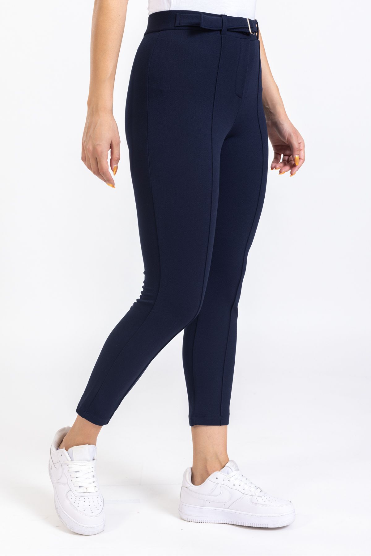 macharelbasic women s navy blue high waist slim fit fabric